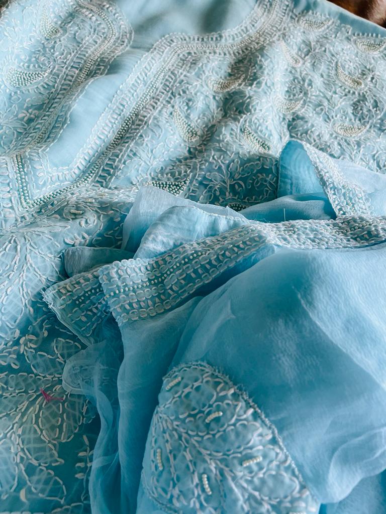 Pure mul cotton 3 piece suit with pearl work - Sky Blue