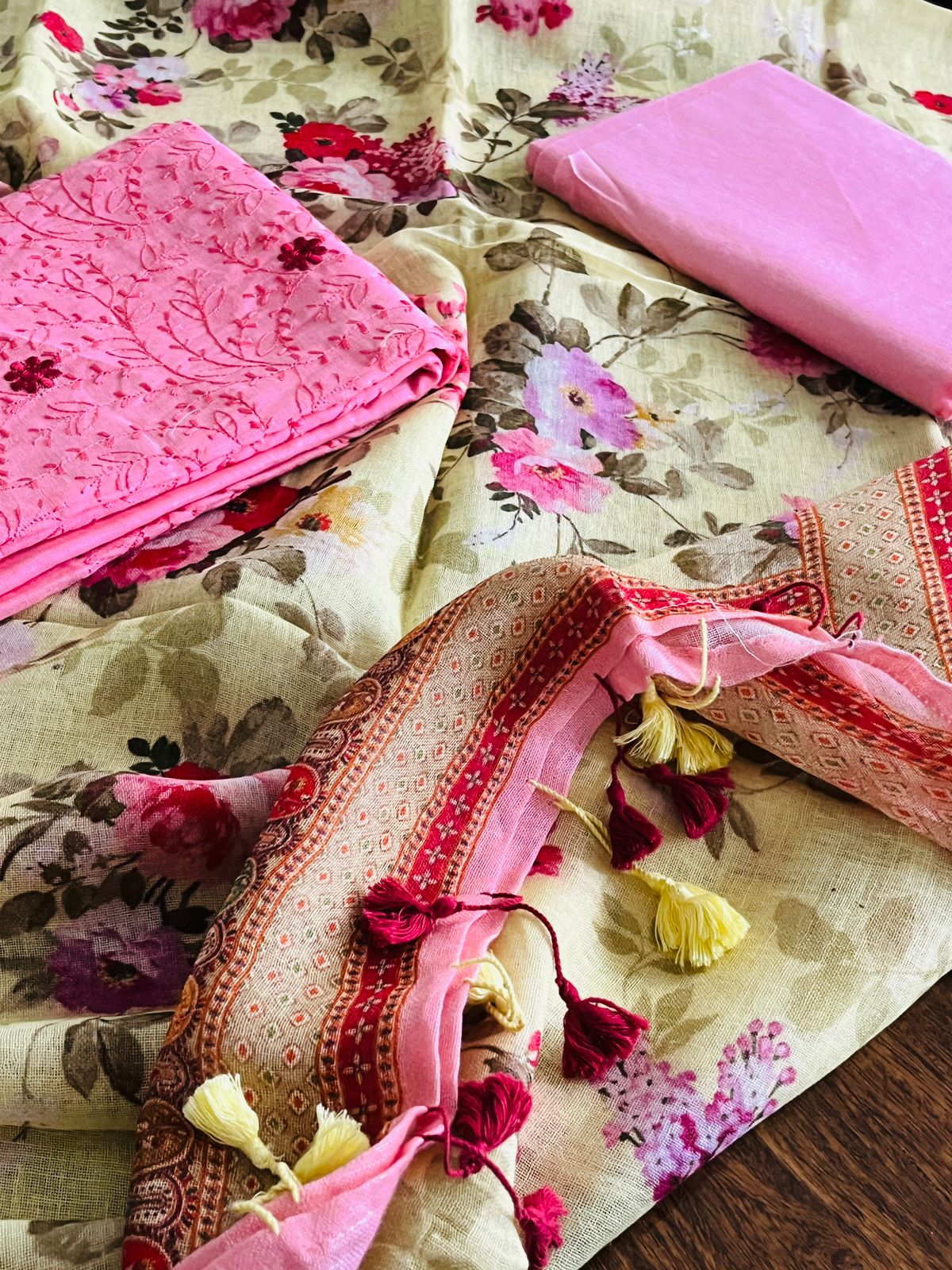 Pure Linen Embroidered 3-piece Suits - Pink