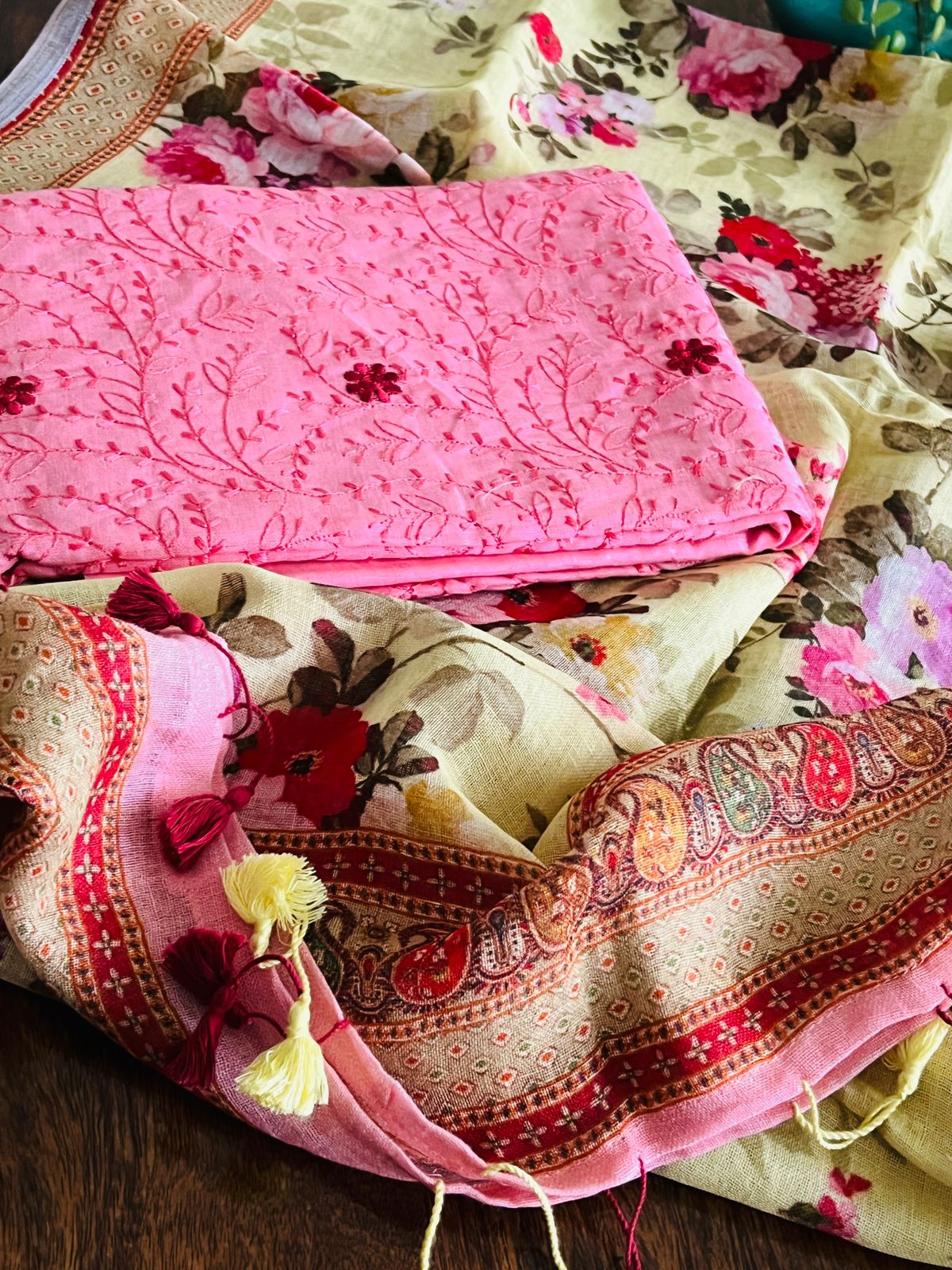 Pure Linen Embroidered 3-piece Suits - Pink