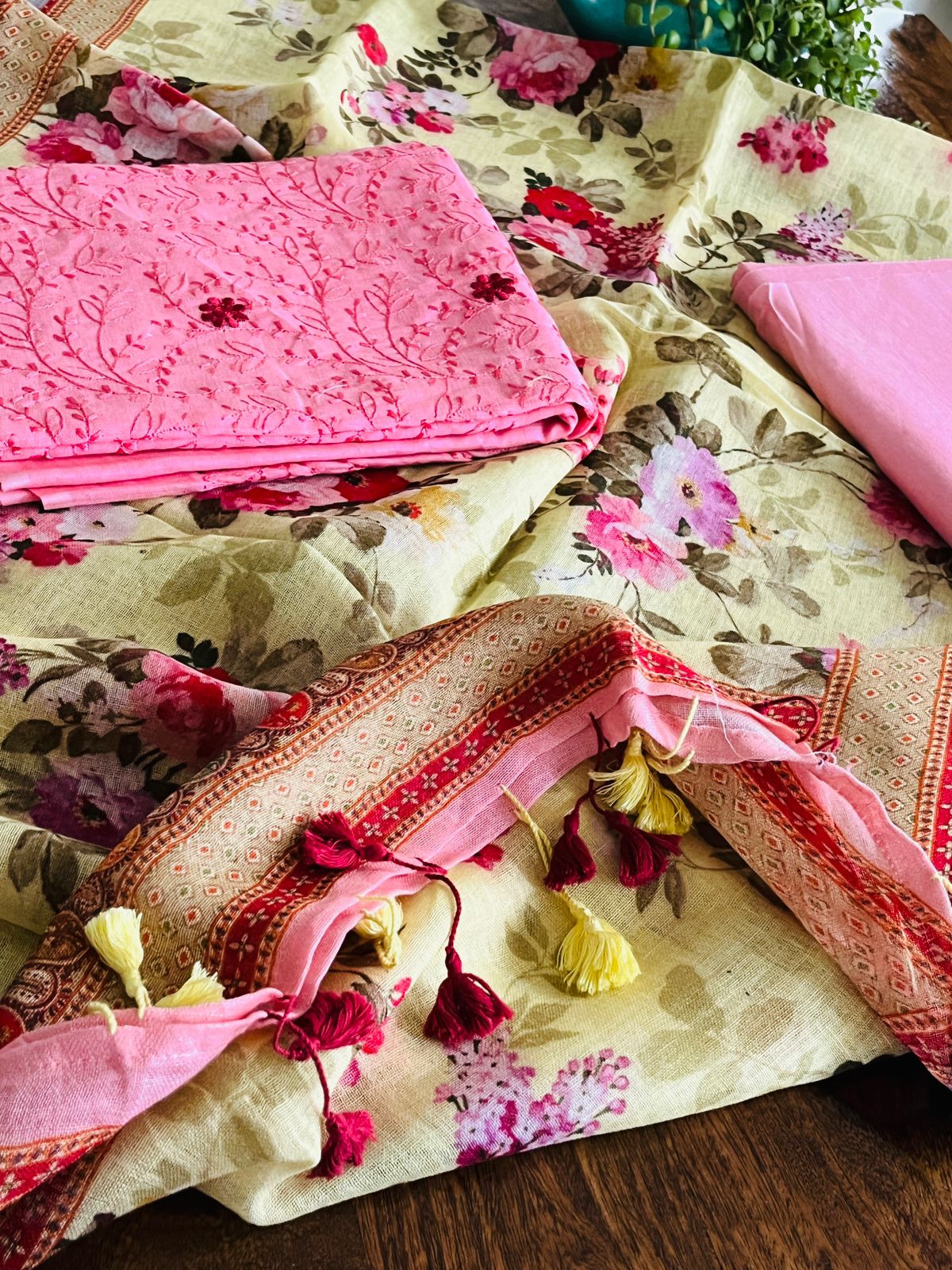 Pure Linen Embroidered 3-piece Suits - Pink