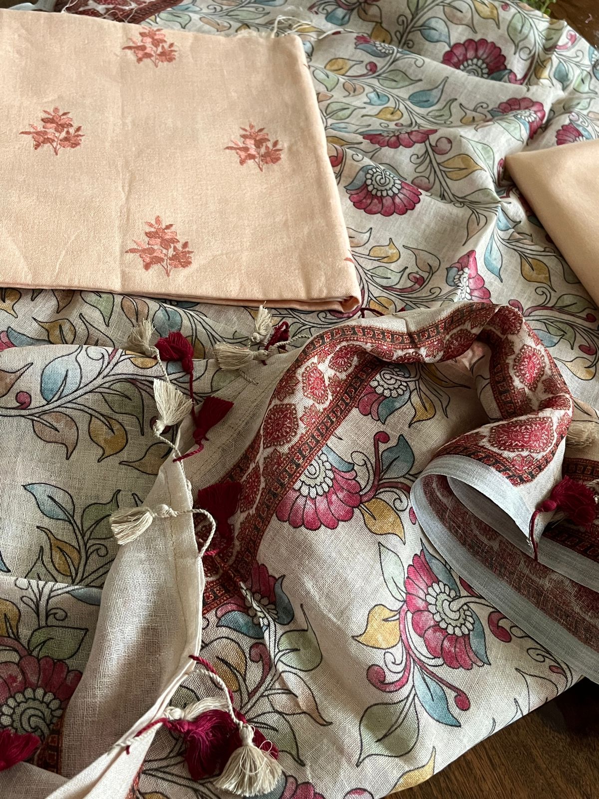 Pure Linen Embroidered 3-piece Suits - Light Peach