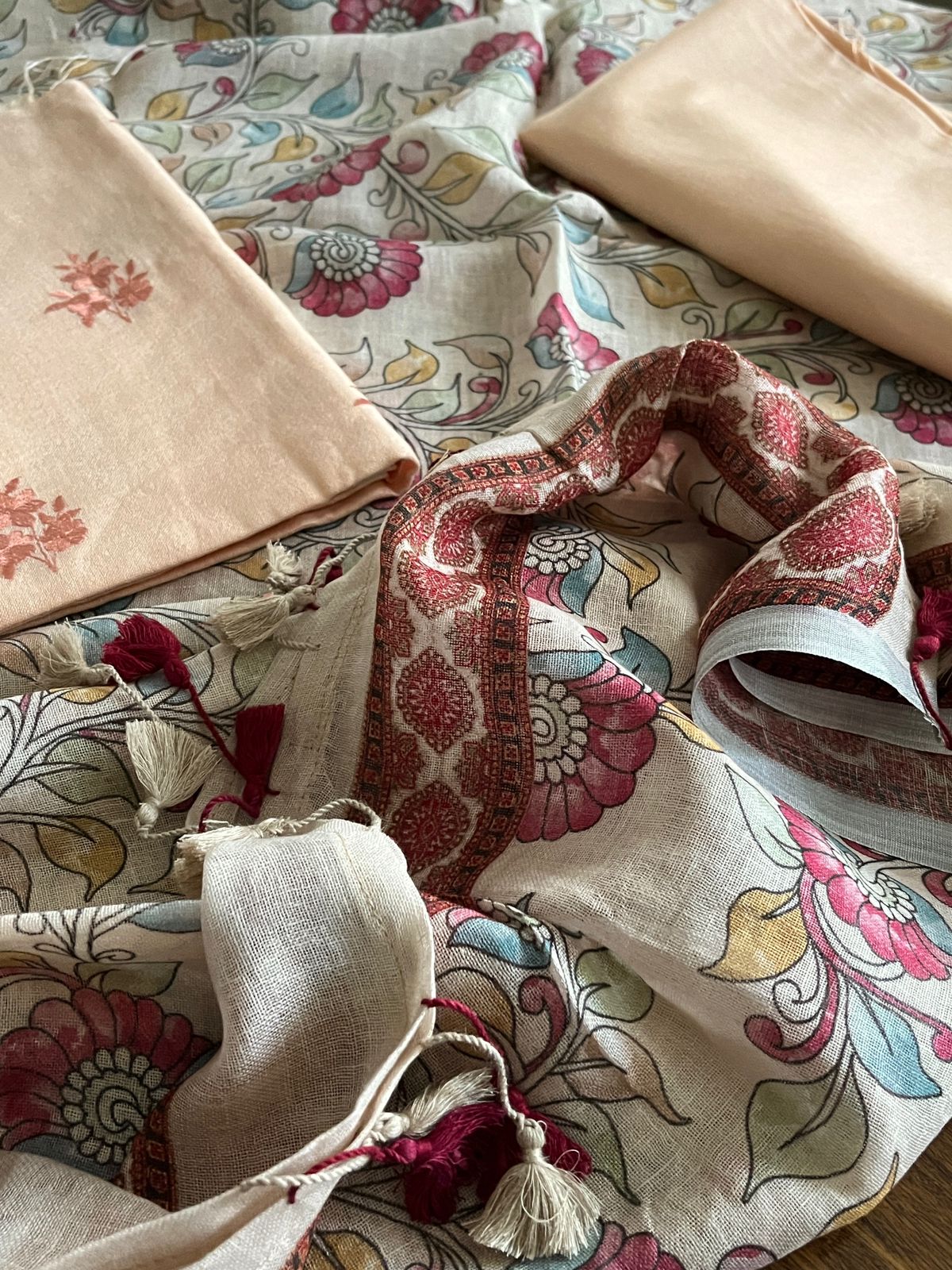 Pure Linen Embroidered 3-piece Suits - Light Peach