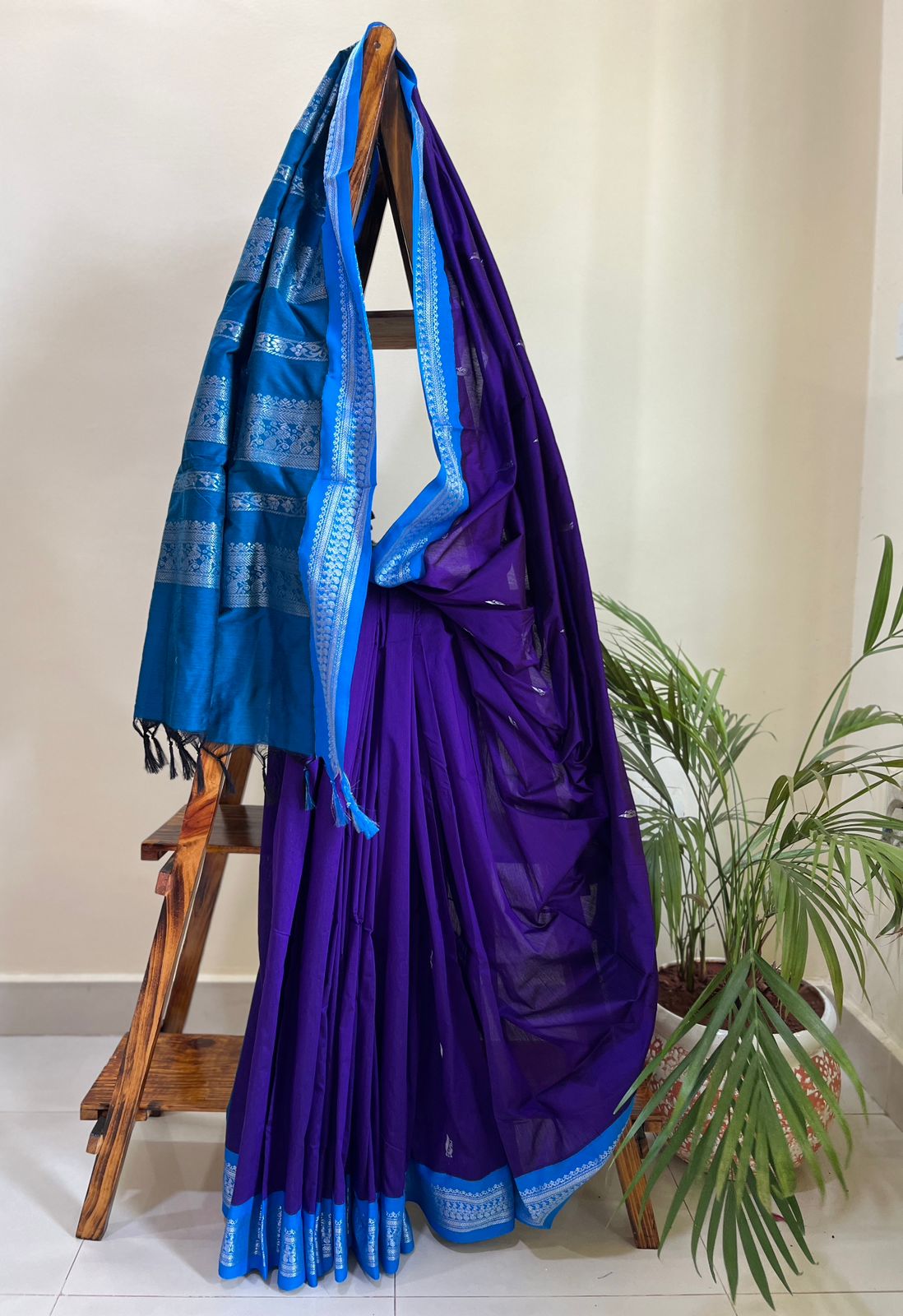 Vibrant handwoven Gadwal cotton Silk Saree - Deep Purple with Sky Blue