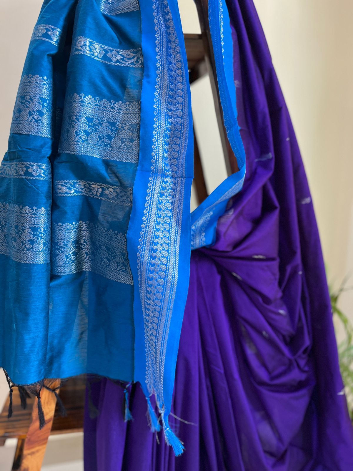 Vibrant handwoven Gadwal cotton Silk Saree - Deep Purple with Sky Blue