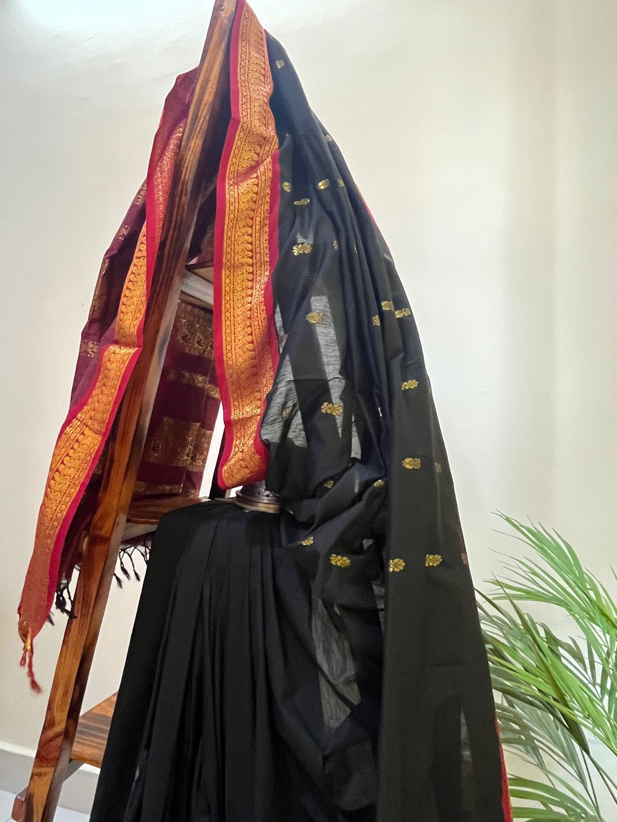 Vibrant handwoven Gadwal cotton Silk Saree - Black with Maroon red