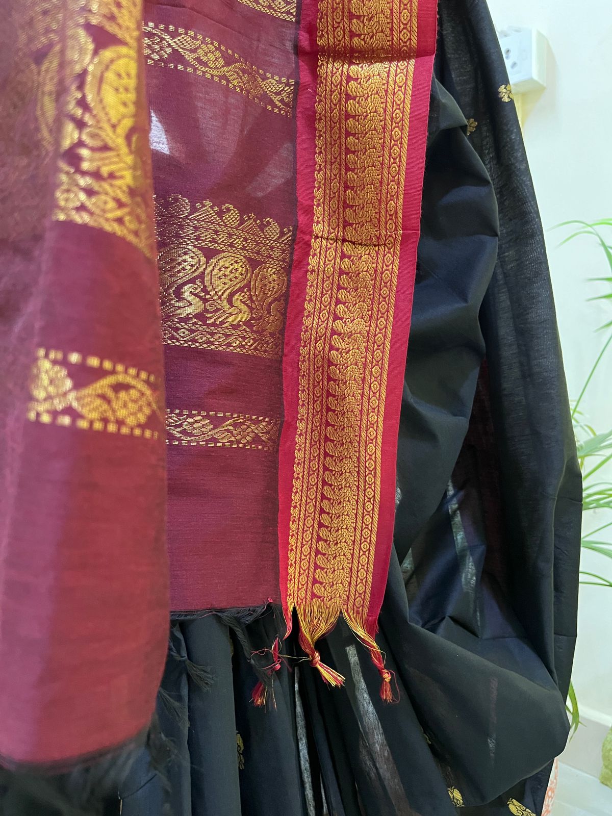 Vibrant handwoven Gadwal cotton Silk Saree - Black with Maroon red