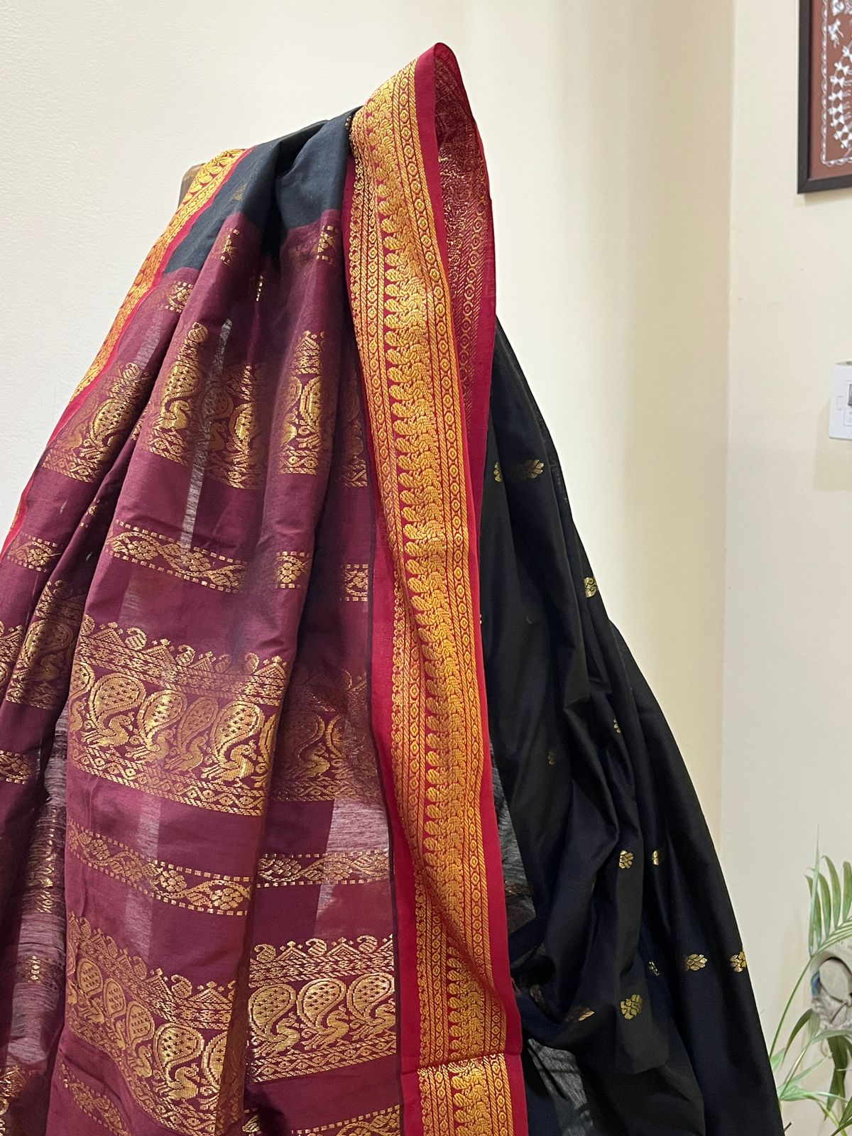 Vibrant handwoven Gadwal cotton Silk Saree - Black with Maroon red