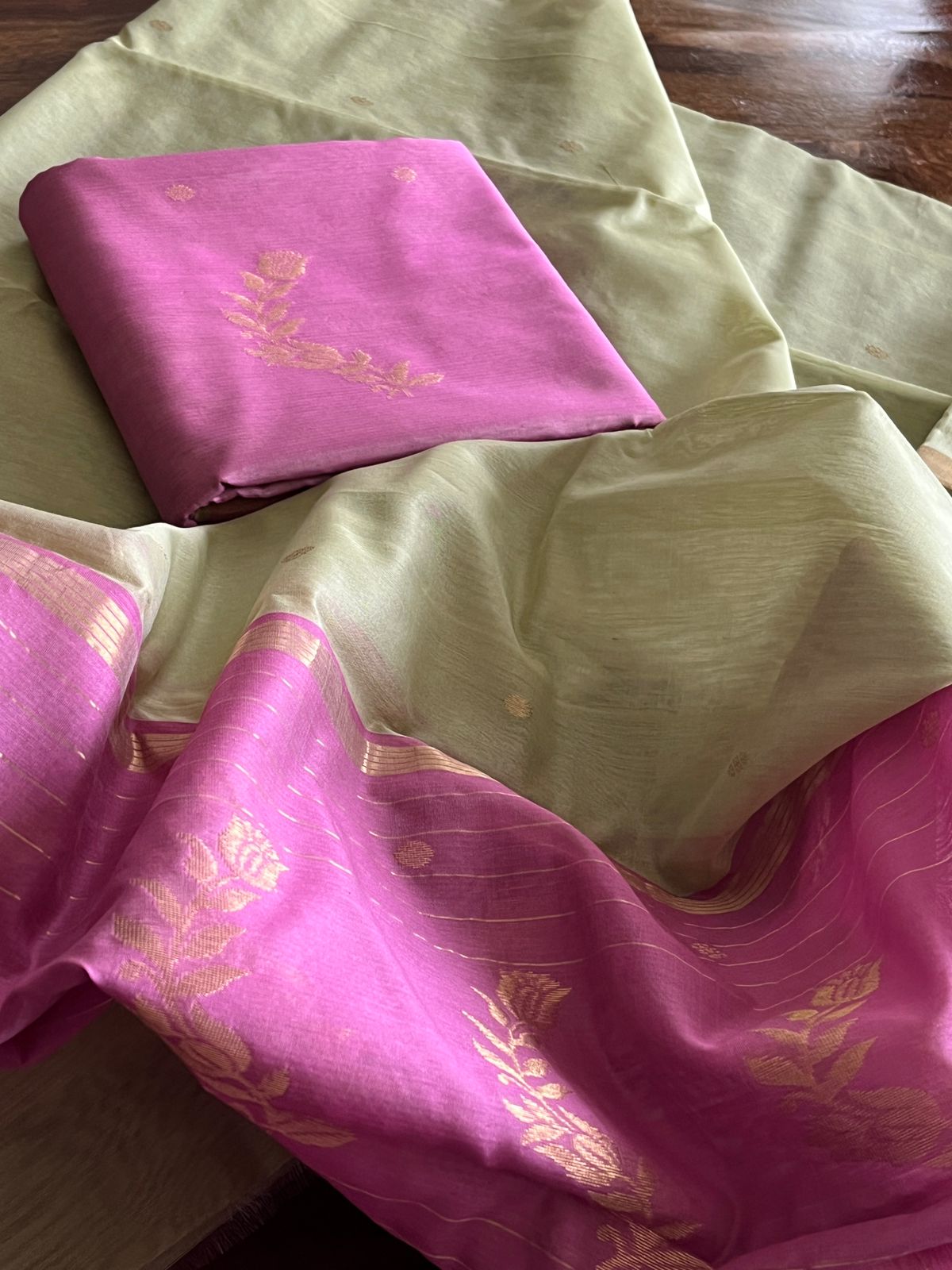 Pure Chanderi Silk zari Handwoven 3 piece Suits - Plum with Light Sap Green