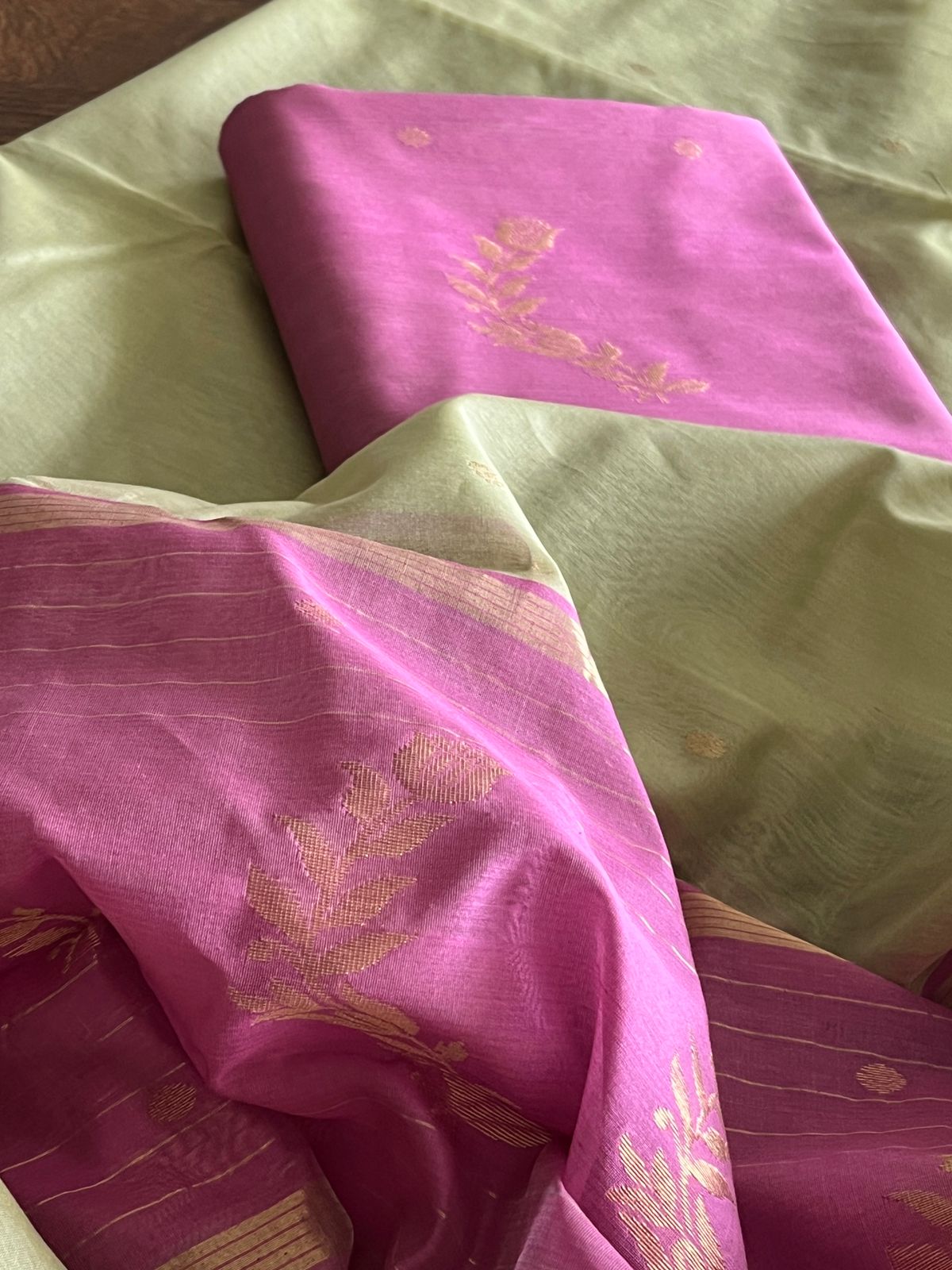 Pure Chanderi Silk zari Handwoven 3 piece Suits - Plum with Light Sap Green