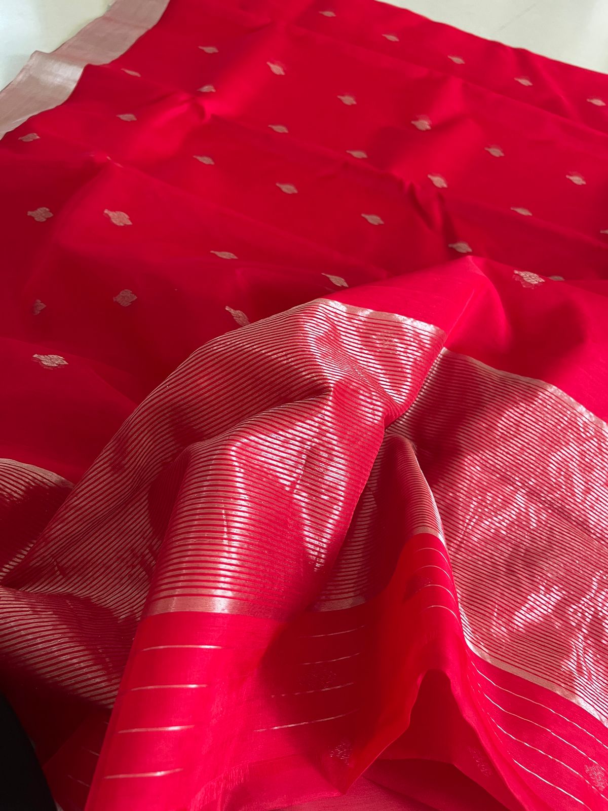 Pure Chanderi Silk Handwoven saree with buttis - Red with silver