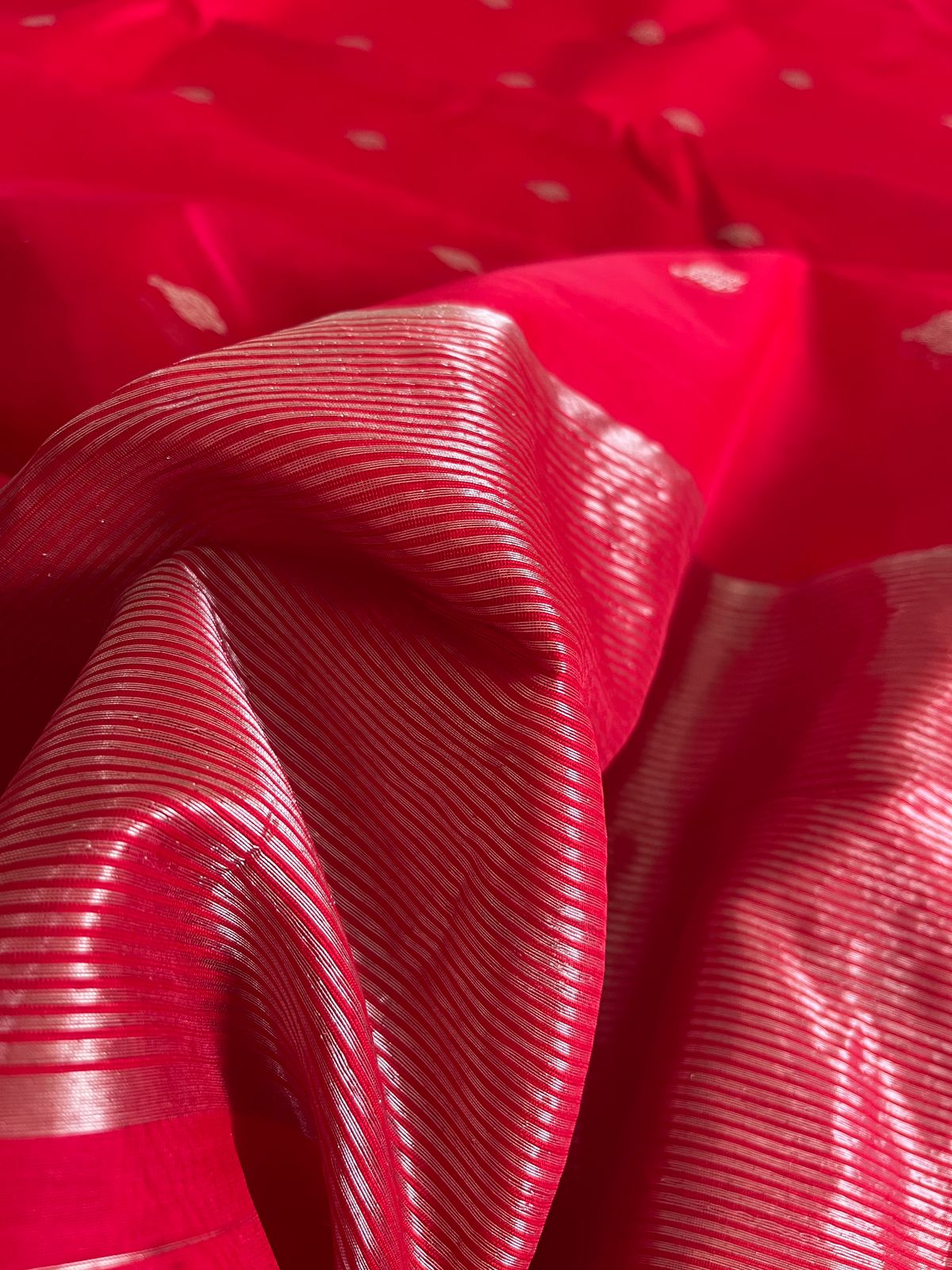 Pure Chanderi Silk Handwoven saree with buttis - Red with silver