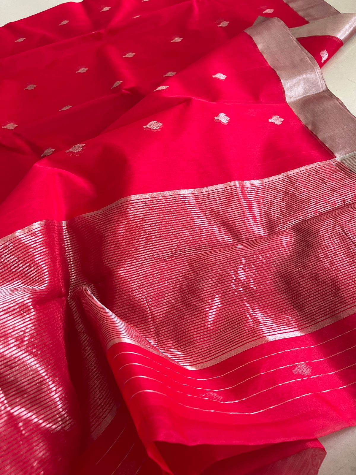 Pure Chanderi Silk Handwoven saree with buttis - Red with silver