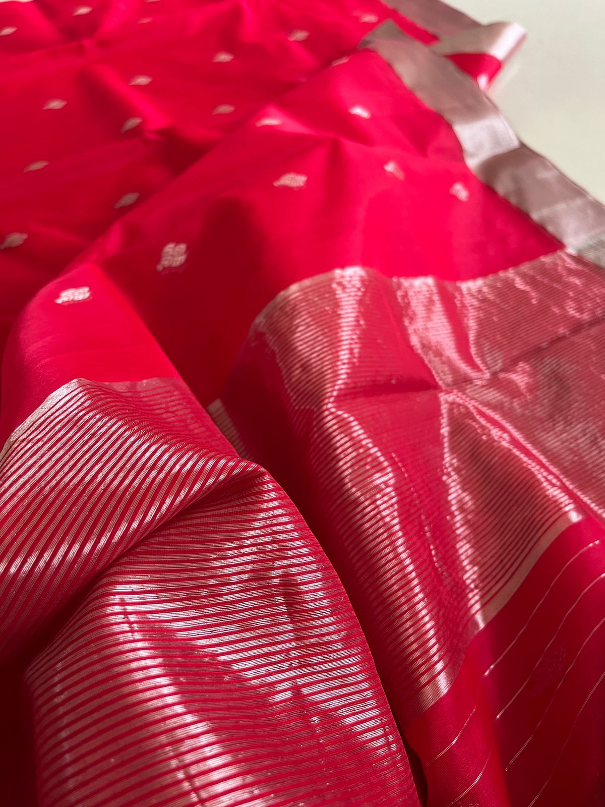Pure Chanderi Silk Handwoven saree with buttis - Red with silver
