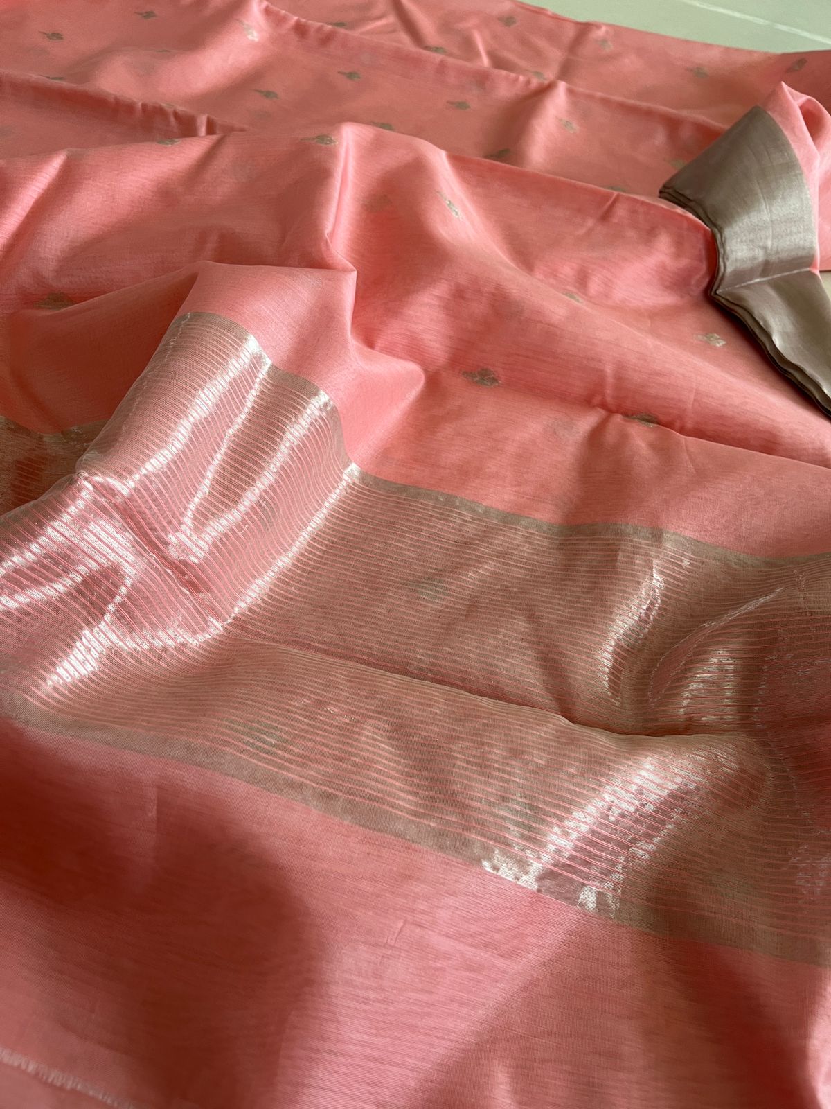 Pure Chanderi Silk Handwoven saree with buttis - Peach with Silver