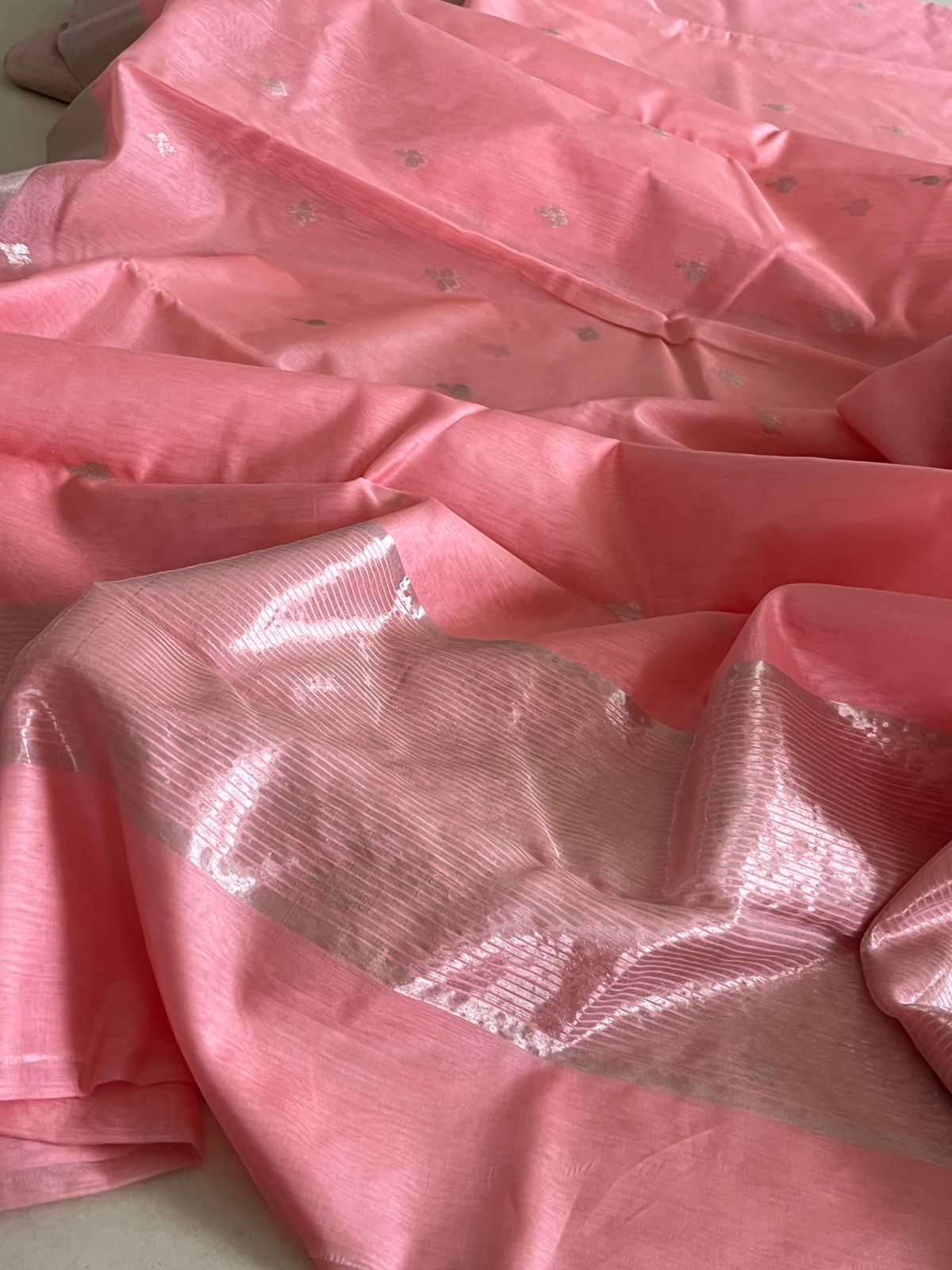 Pure Chanderi Silk Handwoven saree with buttis - Peach with Silver