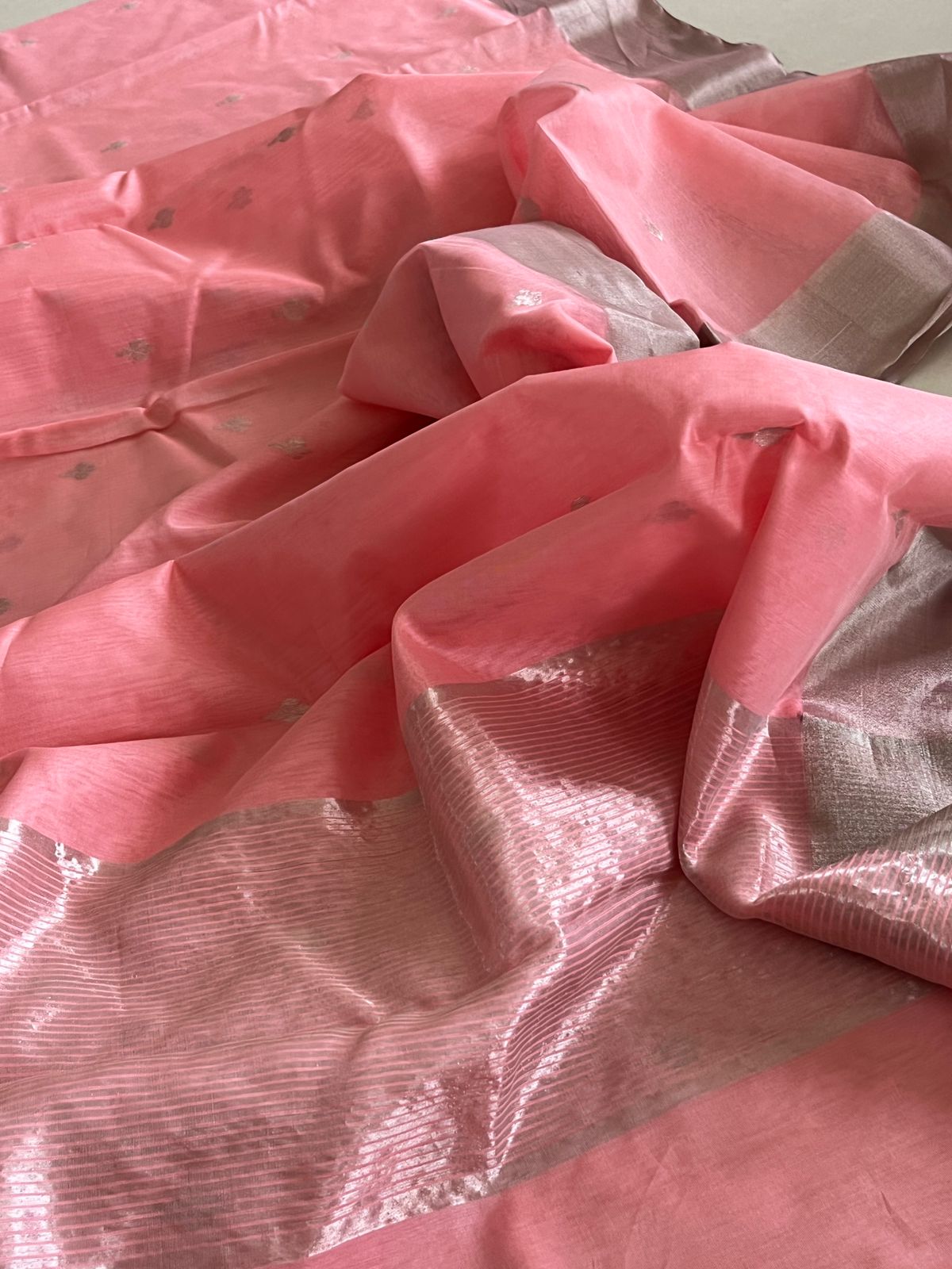 Pure Chanderi Silk Handwoven saree with buttis - Peach with Silver