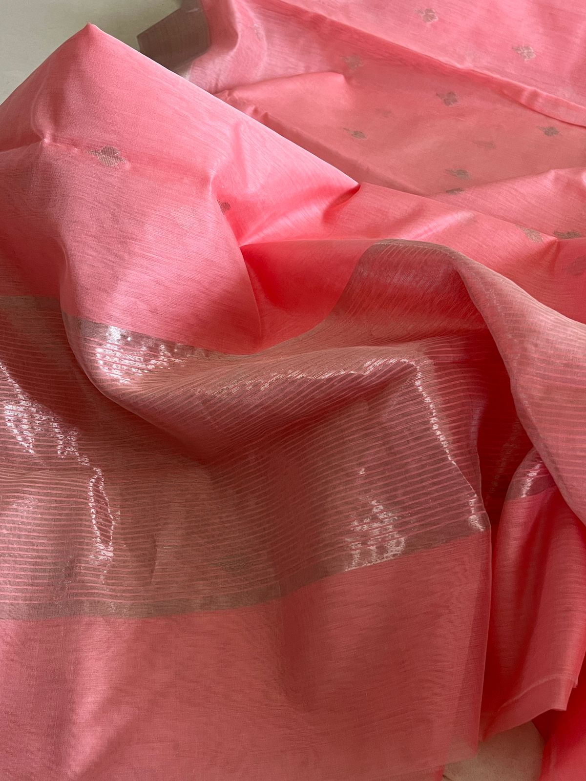 Pure Chanderi Silk Handwoven saree with buttis - Peach with Silver