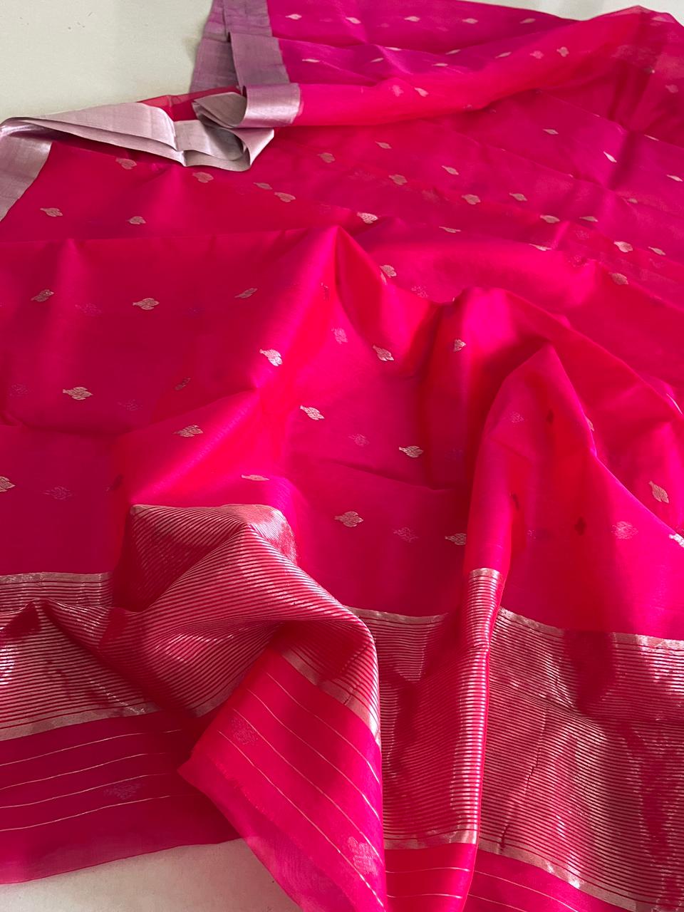 Pure Chanderi Silk Handwoven saree with buttis - Magenta Pink