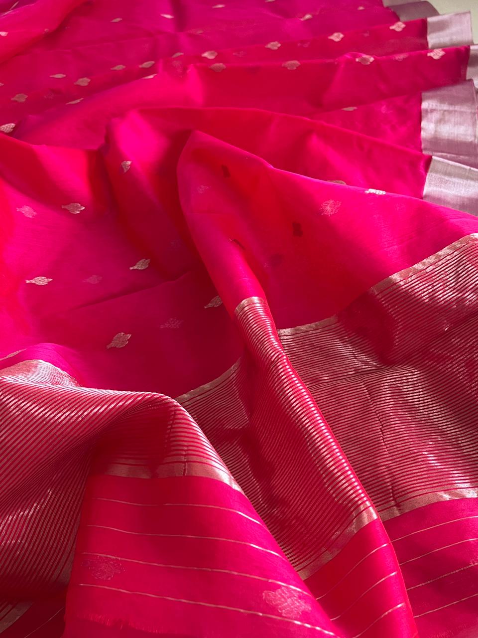 Pure Chanderi Silk Handwoven saree with buttis - Magenta Pink