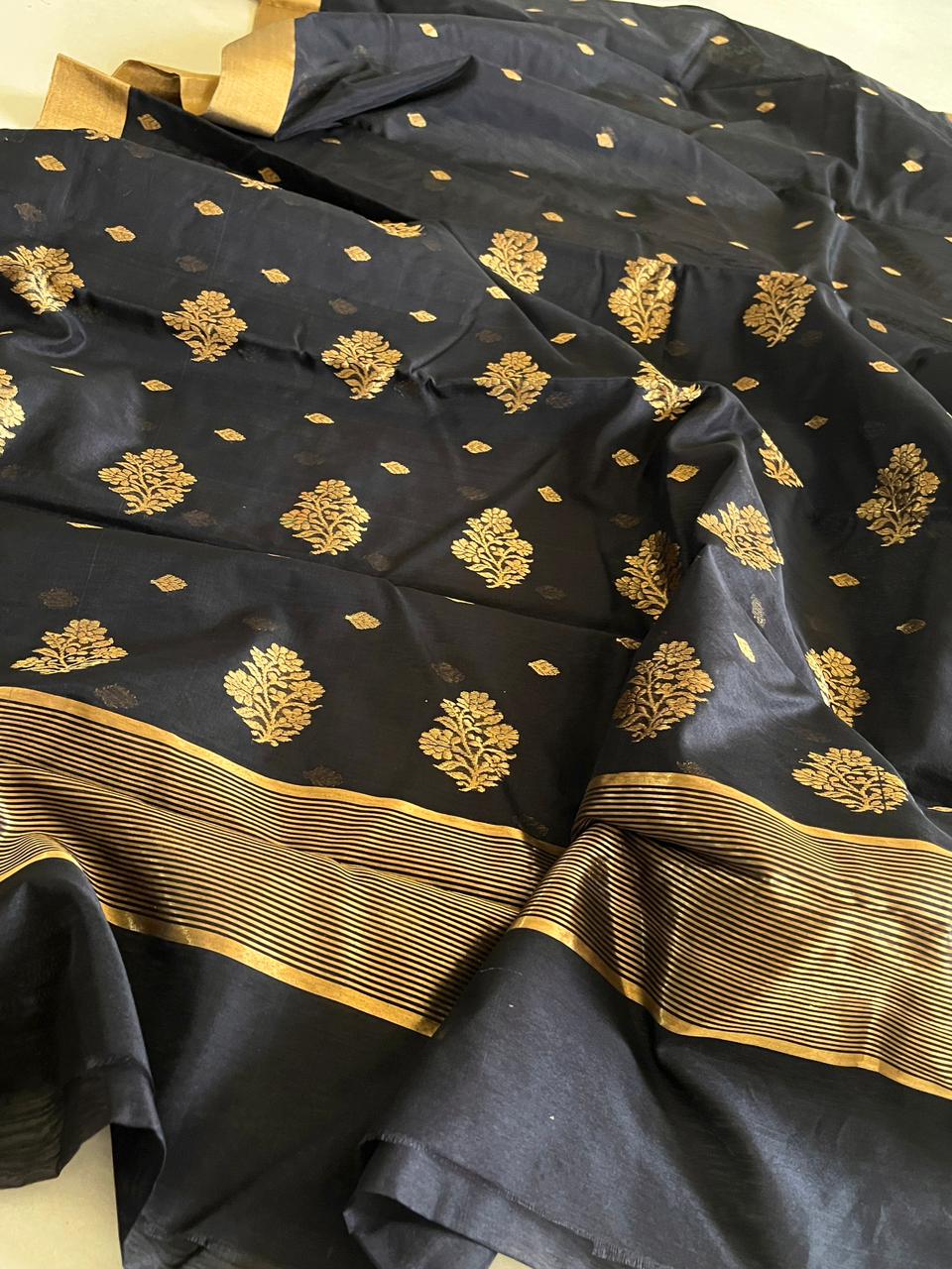 Pure Chanderi Silk Handwoven saree with buttis - Black