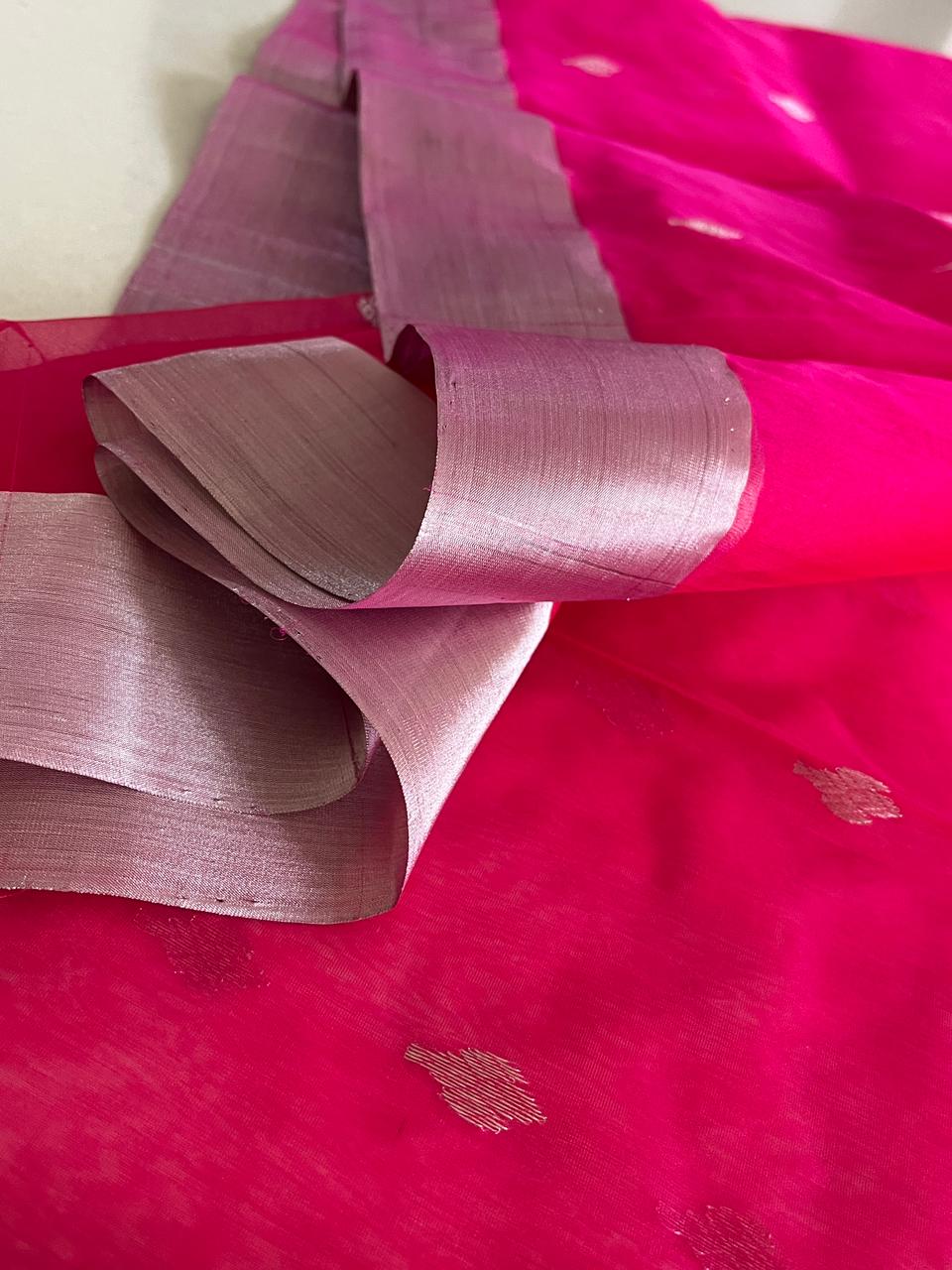 Pure Chanderi Silk Handwoven saree with buttis - Magenta Pink