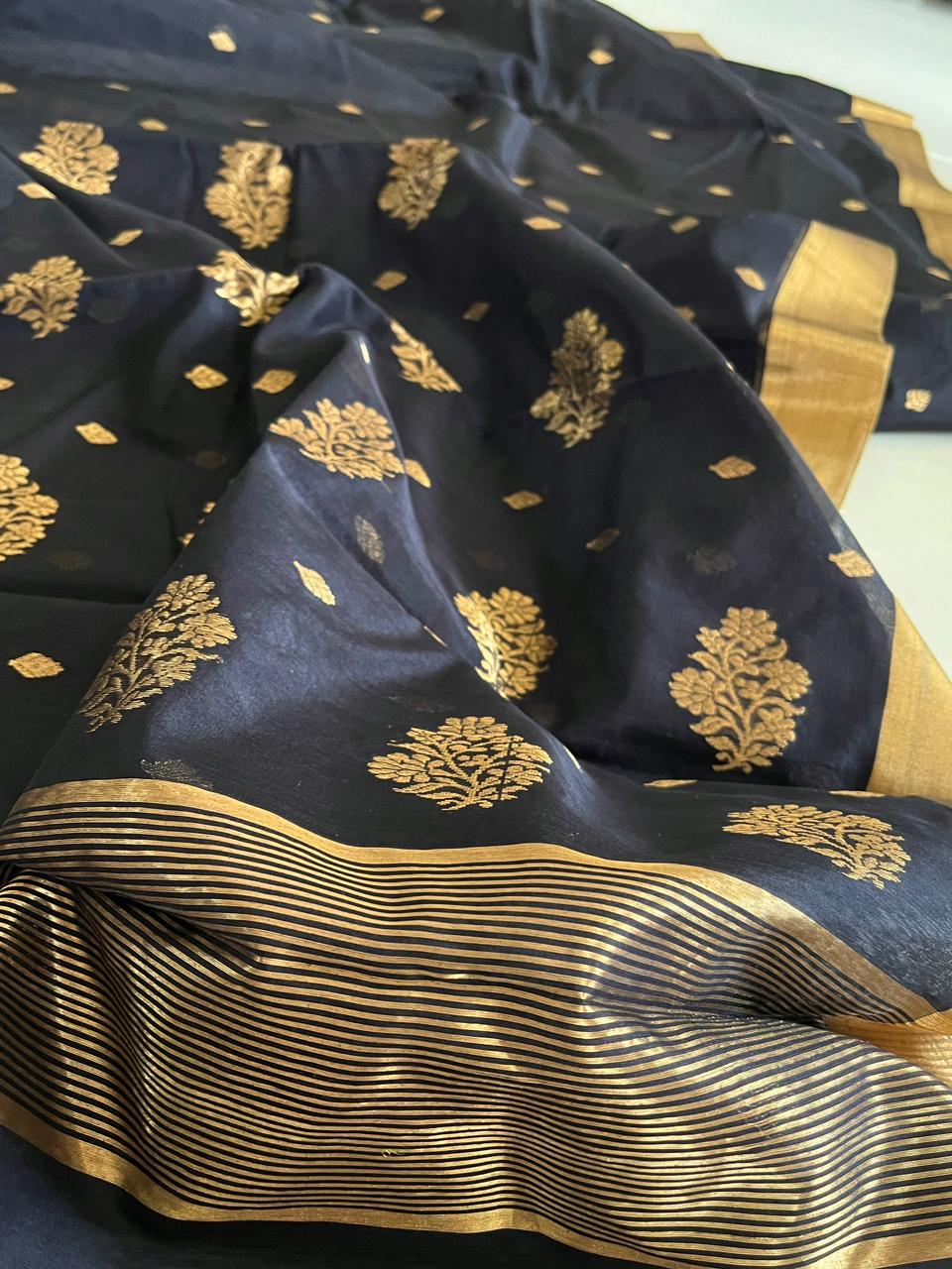 Pure Chanderi Silk Handwoven saree with buttis - Black