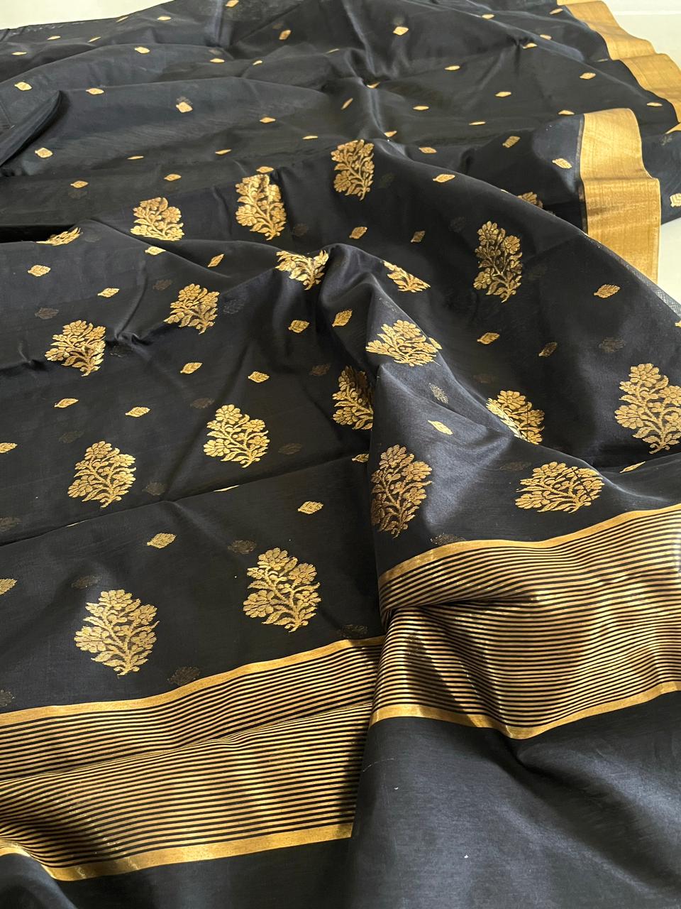 Pure Chanderi Silk Handwoven saree with buttis - Black