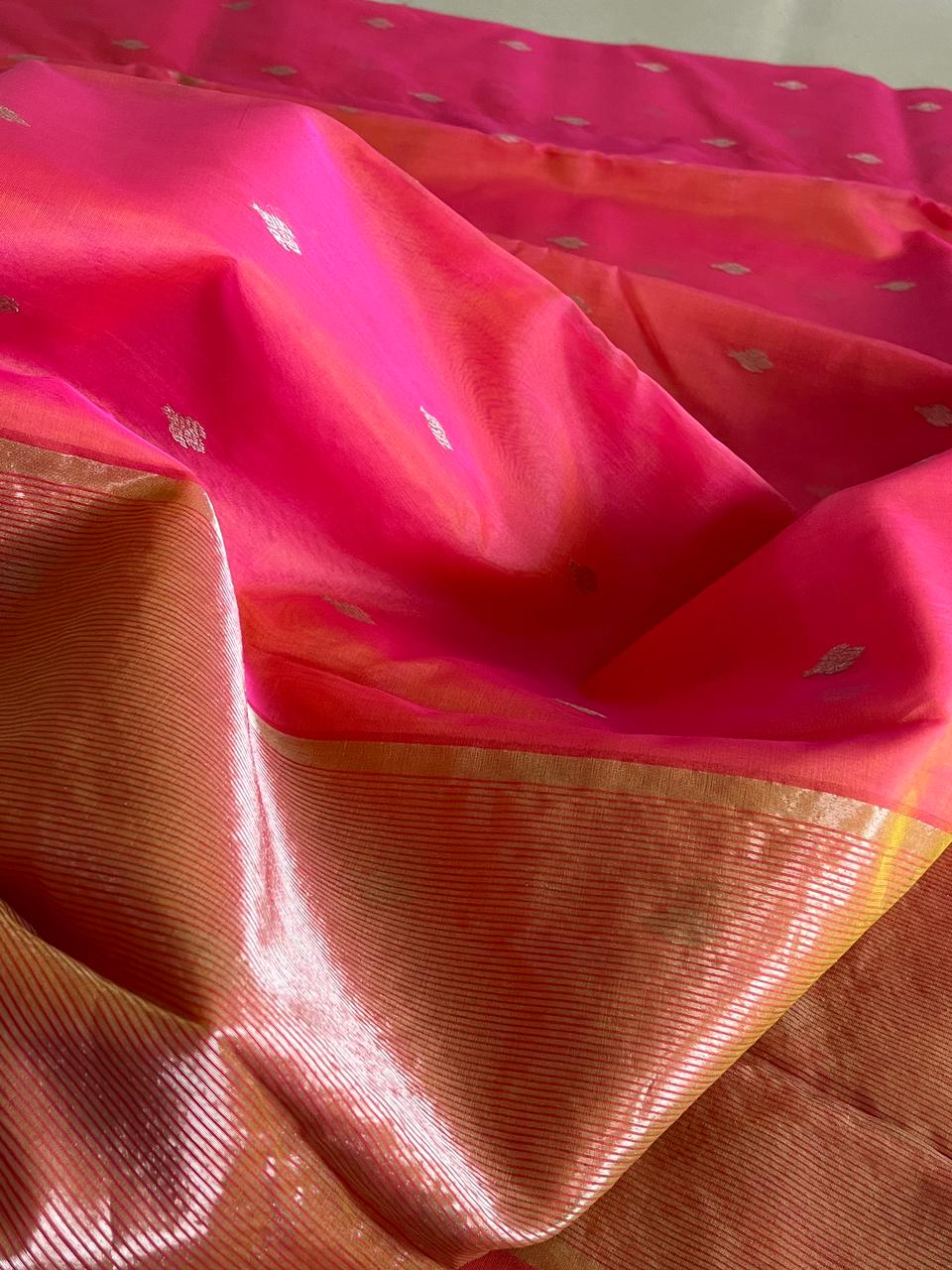 Pure Chanderi Silk Handwoven saree with buttis - Pinkish Orange