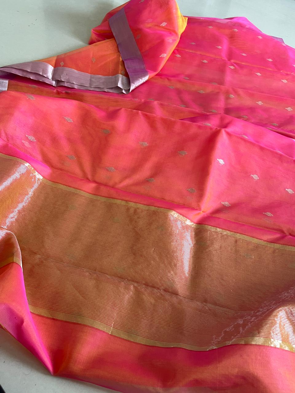 Pure Chanderi Silk Handwoven saree with buttis - Pinkish Orange