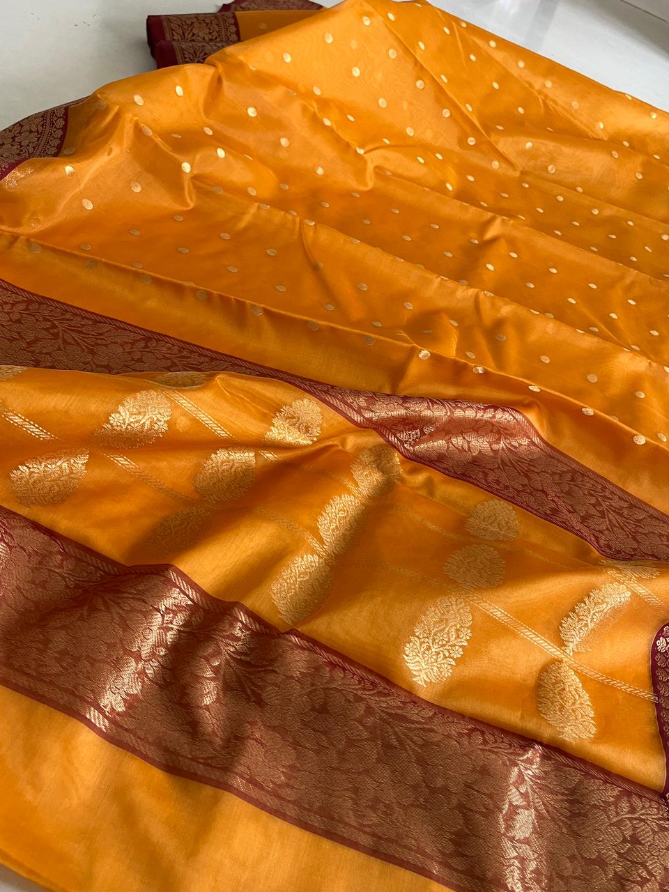 Pure Chanderi Katan Silk Handwoven saree with buttis - Mustard with Maroon