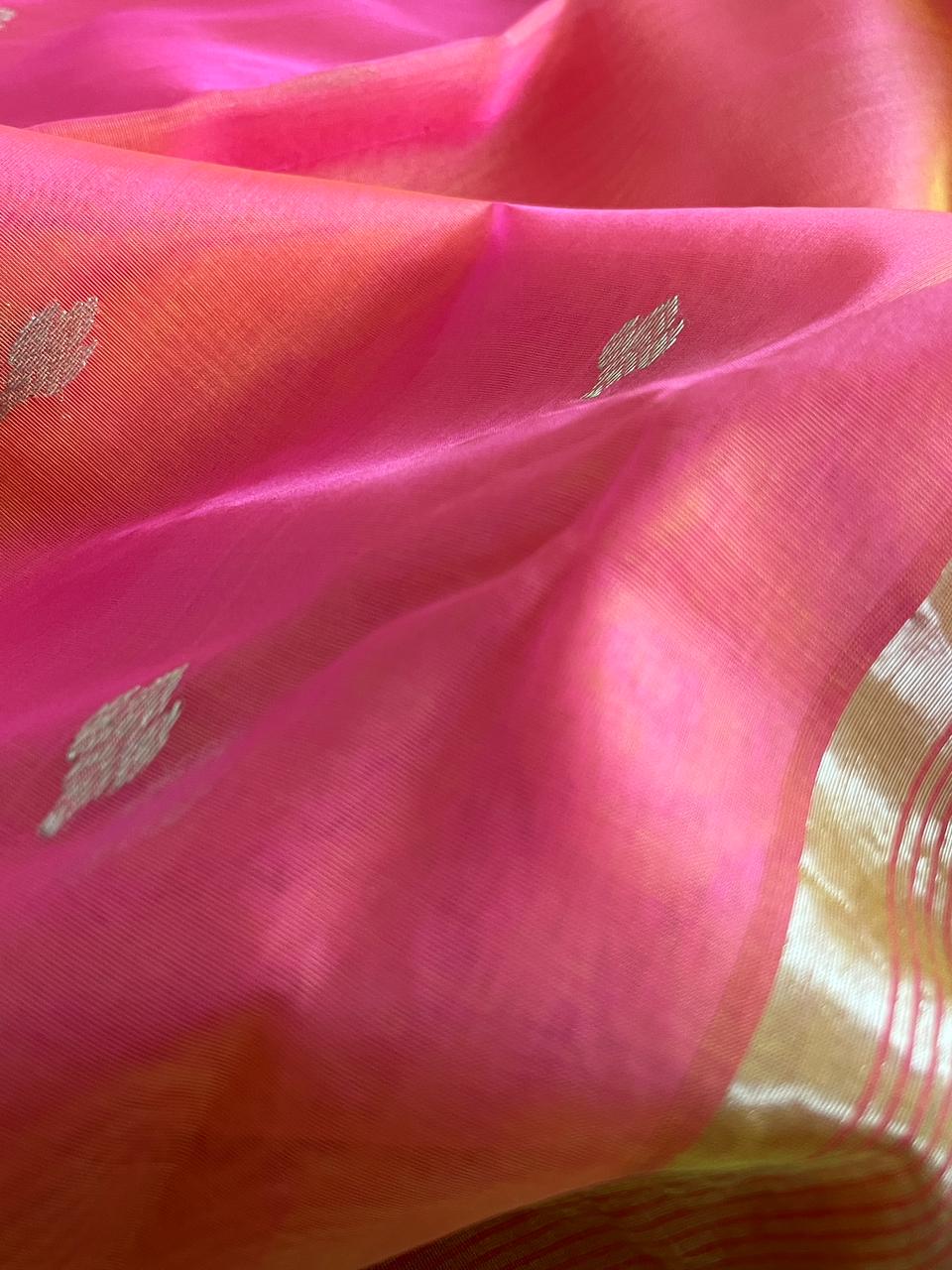 Pure Chanderi Silk Handwoven saree with buttis - Pinkish Orange