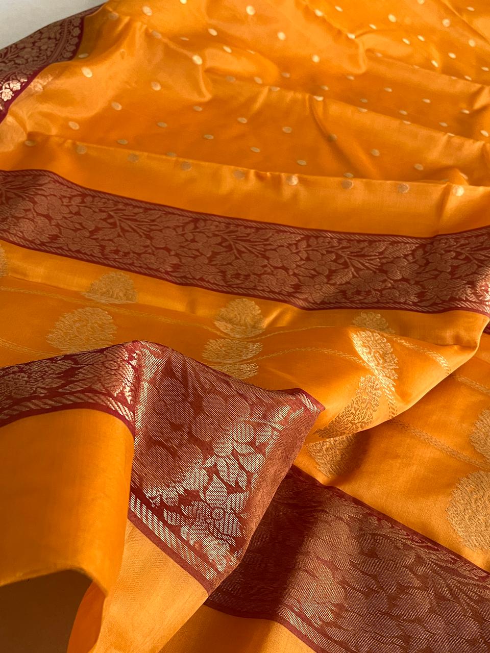 Pure Chanderi Katan Silk Handwoven saree with buttis - Mustard with Maroon