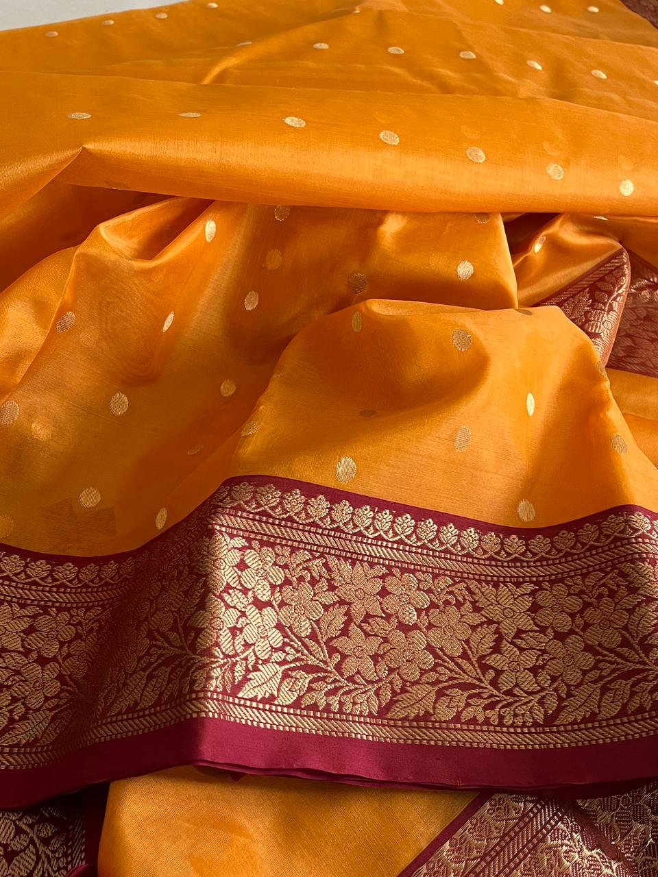 Pure Chanderi Katan Silk Handwoven saree with buttis - Mustard with Maroon