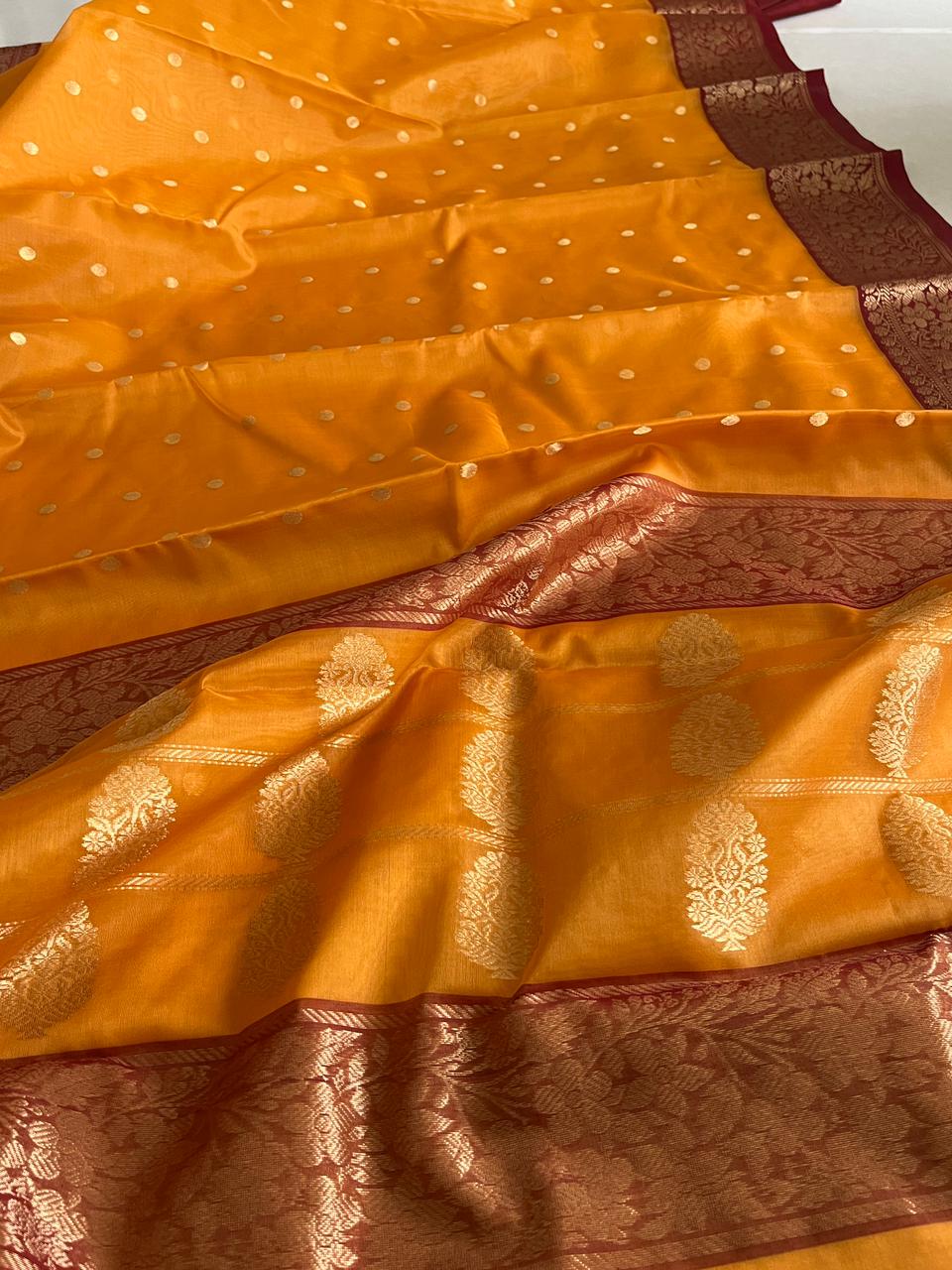 Pure Chanderi Katan Silk Handwoven saree with buttis - Mustard with Maroon