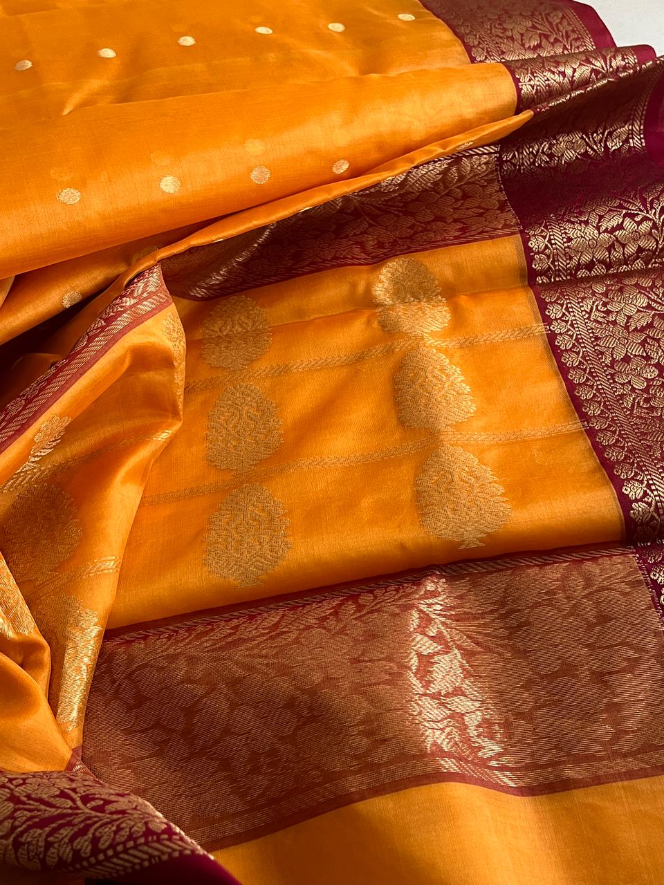 Pure Chanderi Katan Silk Handwoven saree with buttis - Mustard with Maroon