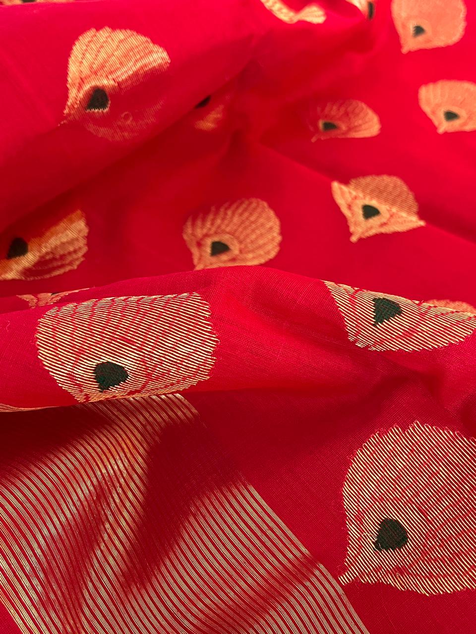 Pure Chanderi Silk Handwoven saree with buttis - Red