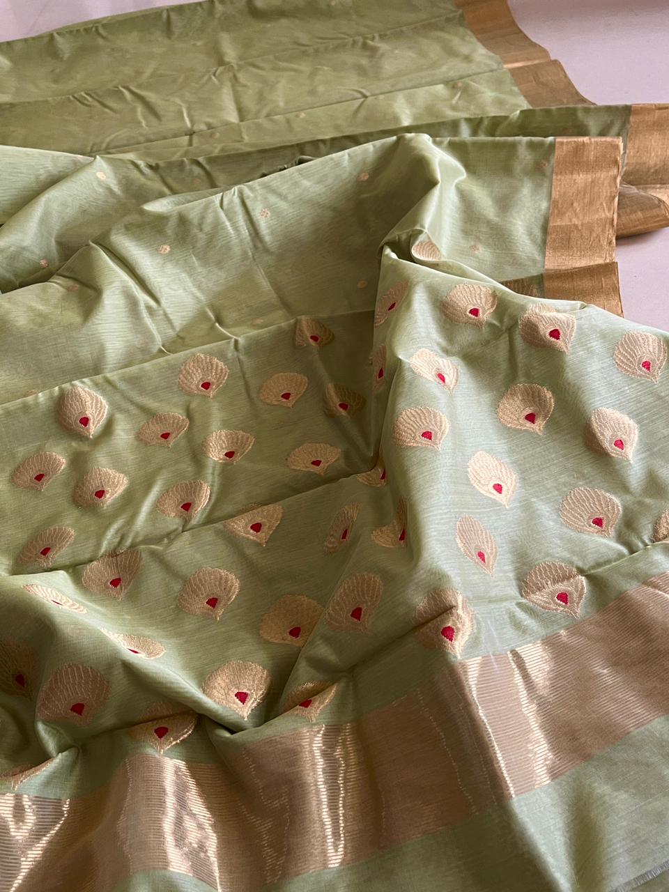 Pure Chanderi Silk Handwoven saree with buttis - Sea Green