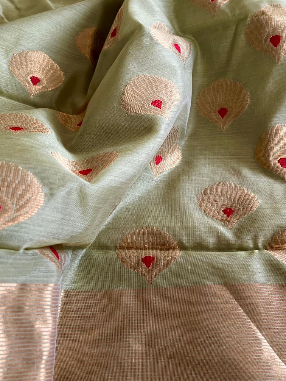 Pure Chanderi Silk Handwoven saree with buttis - Sea Green