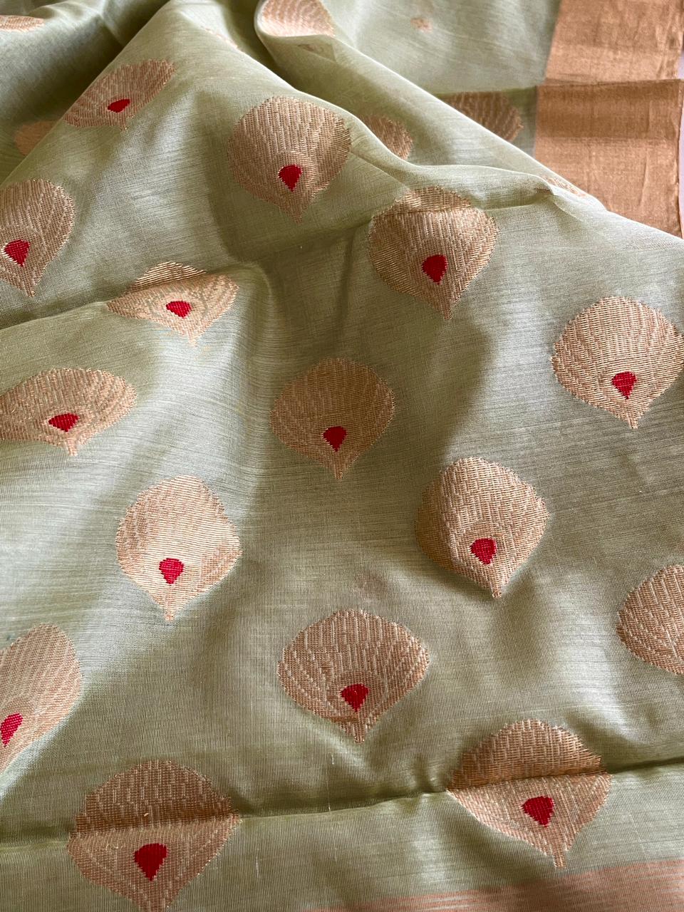 Pure Chanderi Silk Handwoven saree with buttis - Sea Green