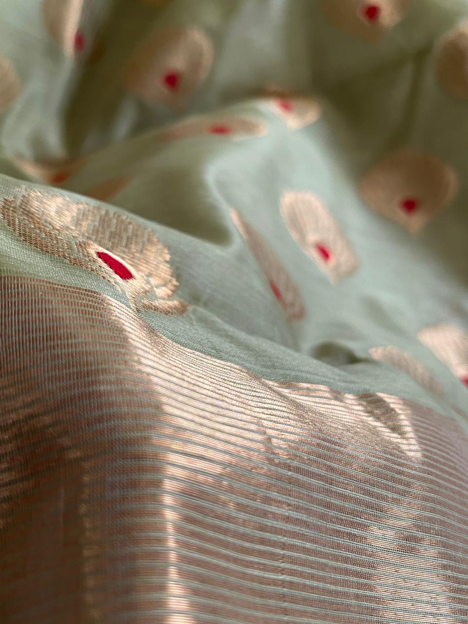 Pure Chanderi Silk Handwoven saree with buttis - Sea Green