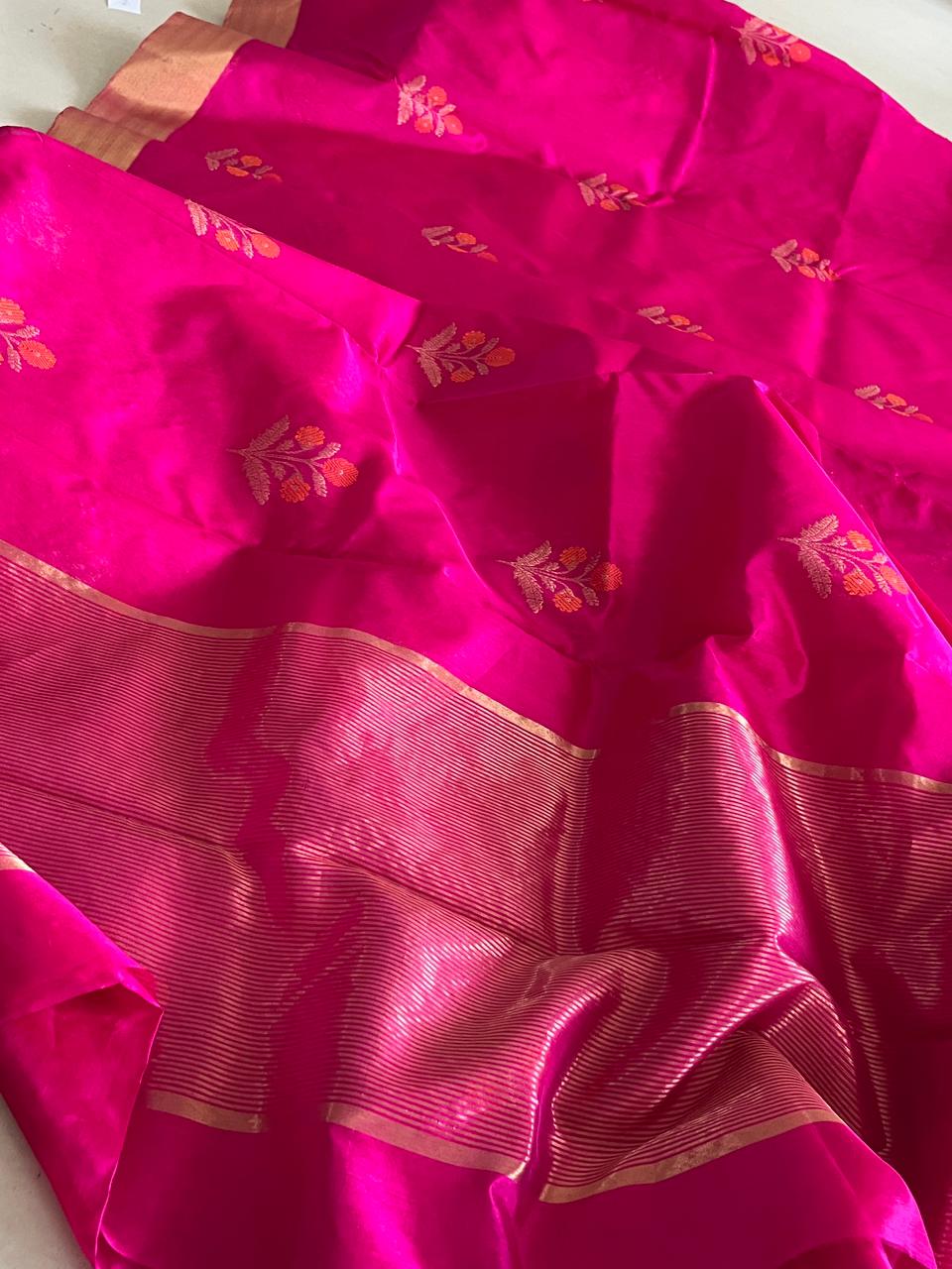 Pure Chanderi Katan Silk Handwoven saree with buttis - Magenta