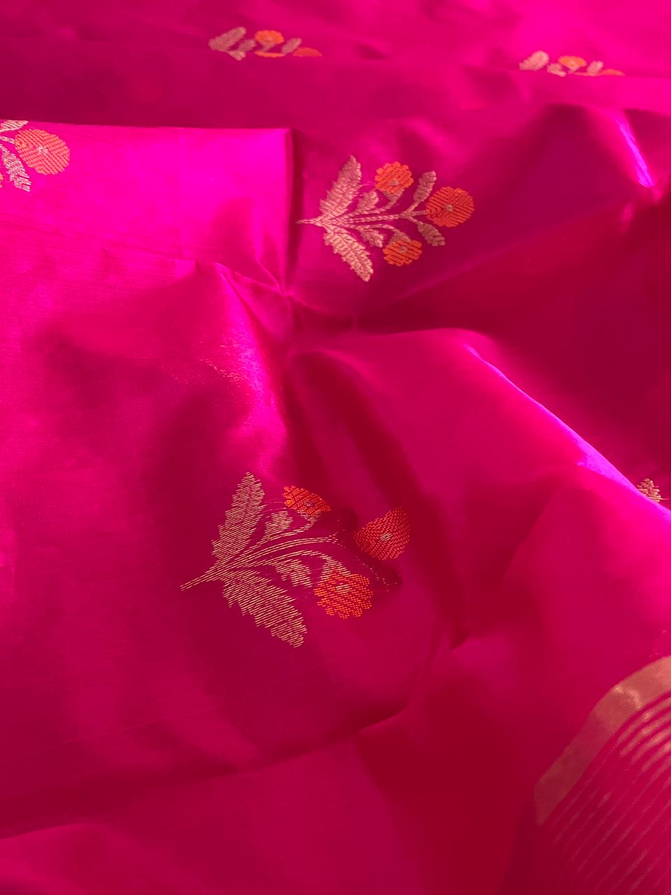 Pure Chanderi Katan Silk Handwoven saree with buttis - Magenta