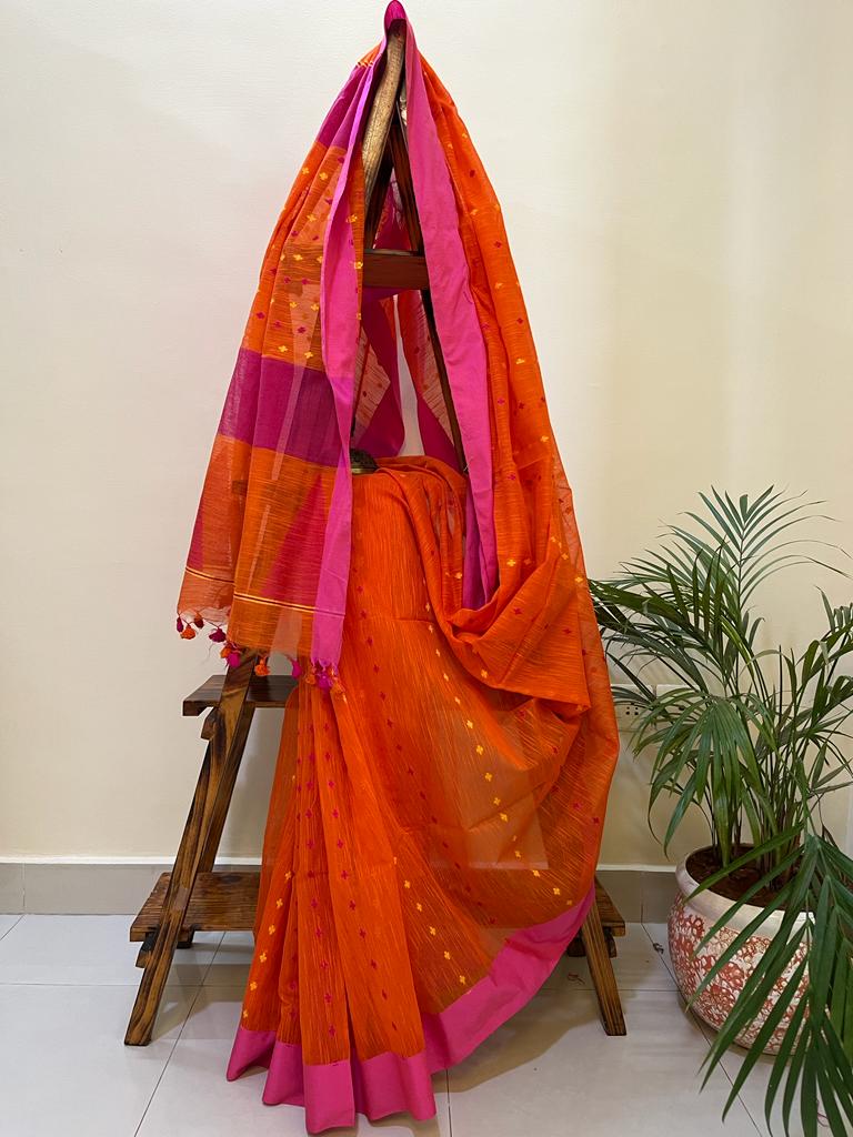 Very beautiful and comfortable Bengal cotton Silk saree - Orange with Pink
