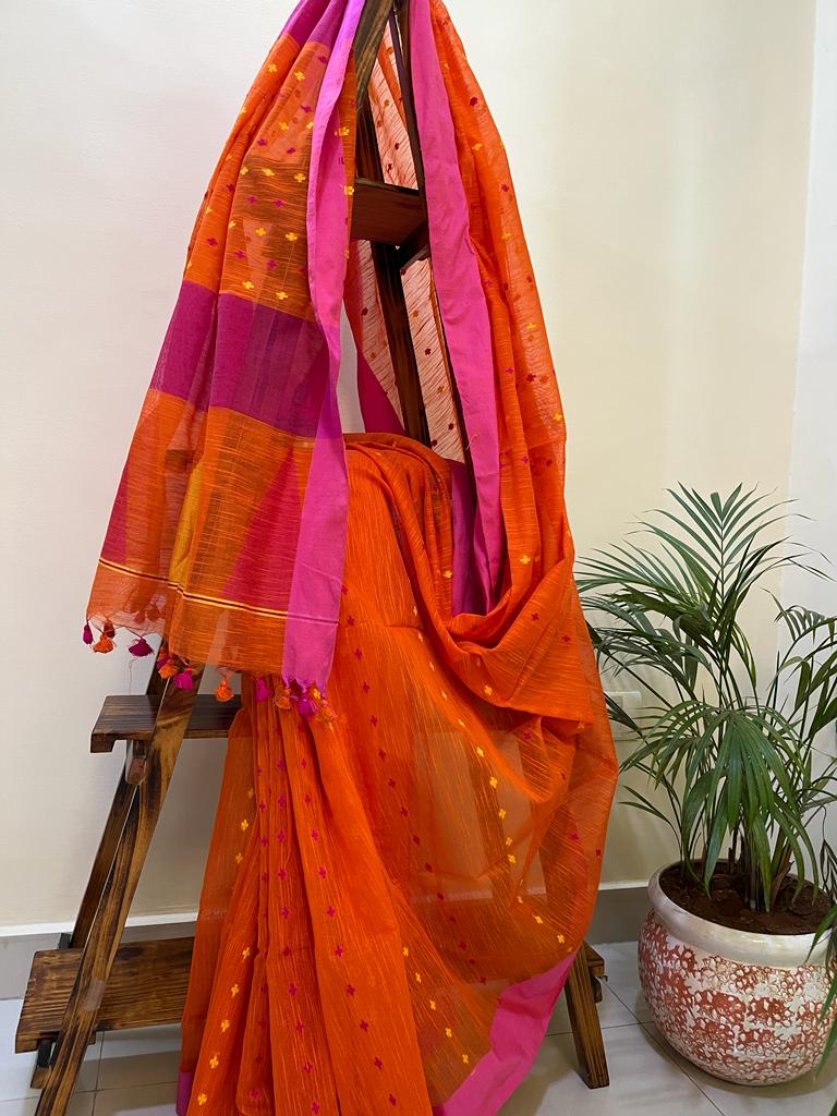 Very beautiful and comfortable Bengal cotton Silk saree - Orange with Pink