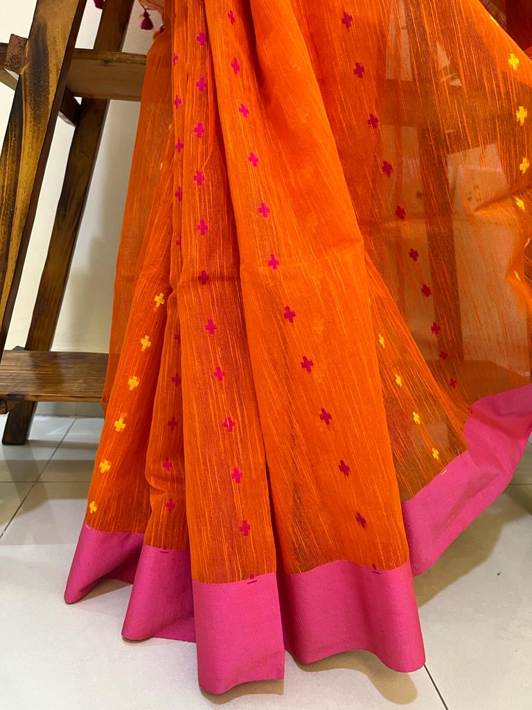 Very beautiful and comfortable Bengal cotton Silk saree - Orange with Pink