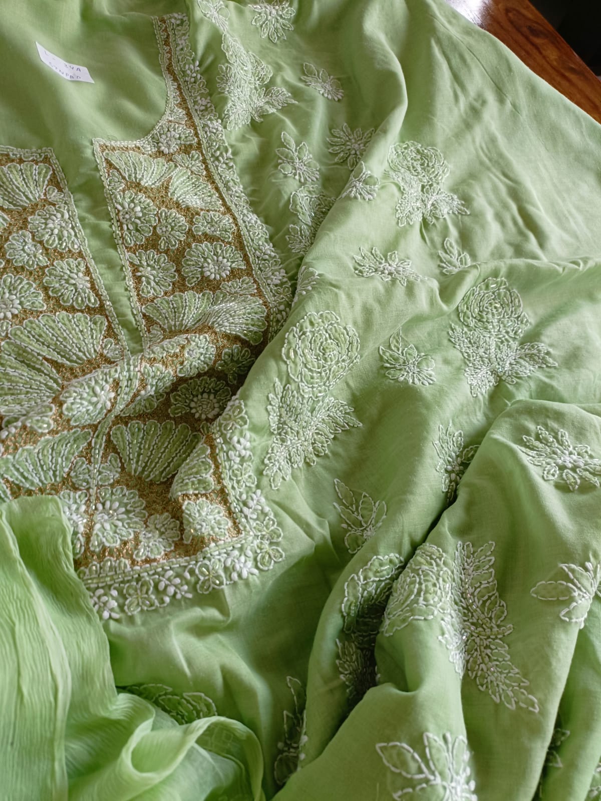 Pure mul cotton 3 piece suit with pearl work - Pista Green