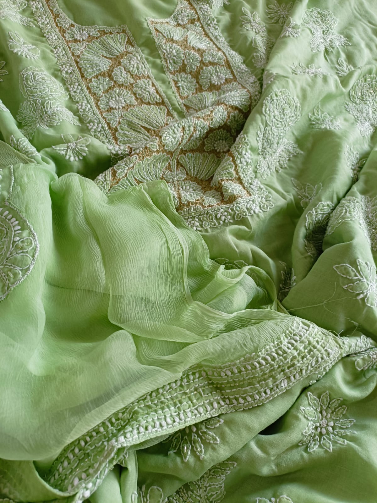 Pure mul cotton 3 piece suit with pearl work - Pista Green