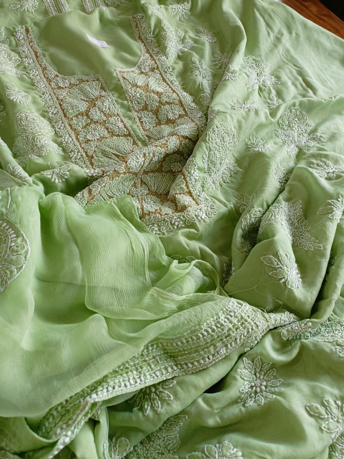 Pure mul cotton 3 piece suit with pearl work - Pista Green