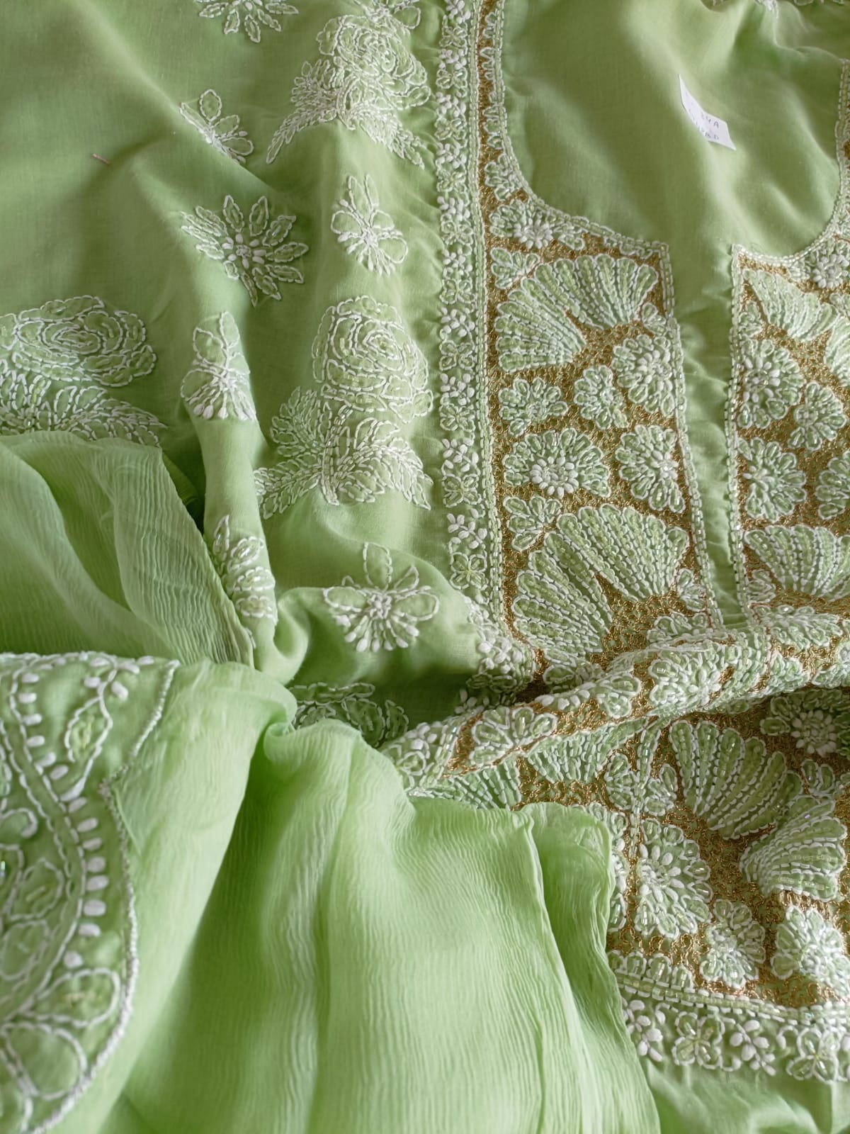 Pure mul cotton 3 piece suit with pearl work - Pista Green