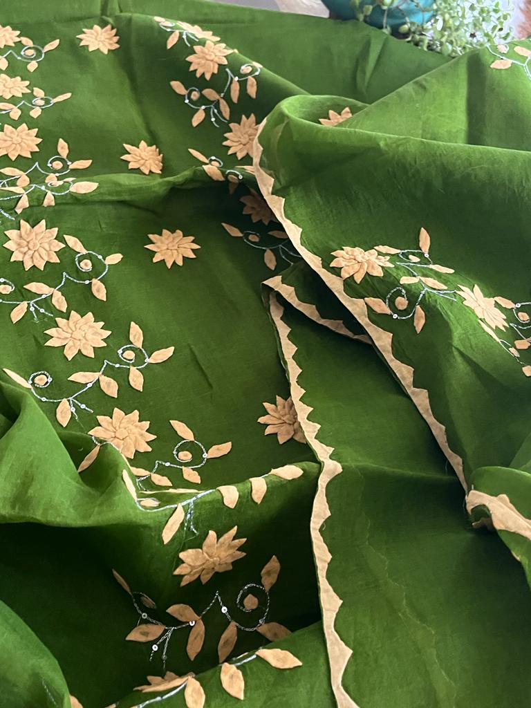 Soft organdy kurta dupatta sets handcrafted Phool Patti work - Mehendi Green with Cream